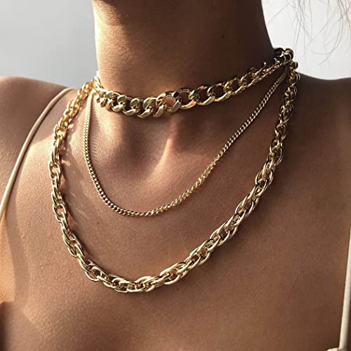 Gold Cuban Link Chain Choker Necklace for Women - Chunky Layered Punk Clavicle Necklace | Hip Hop Jewelry for Girls & Women | Perfect for Concerts, Parties & Streetwear Fashion