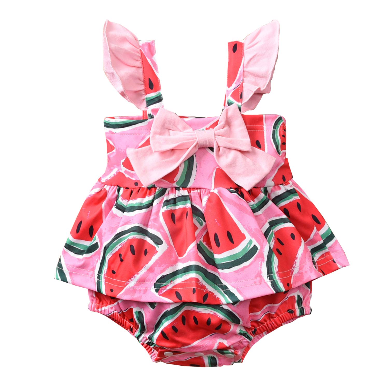 Newborn Baby Girls Summer Outfits - Cute Ruffled Sleeveless Romper Jumpsuit with Bowknot (Watermelon/Lemon Print) - Perfect for Beach, Photo Shoots & Summer Playdates