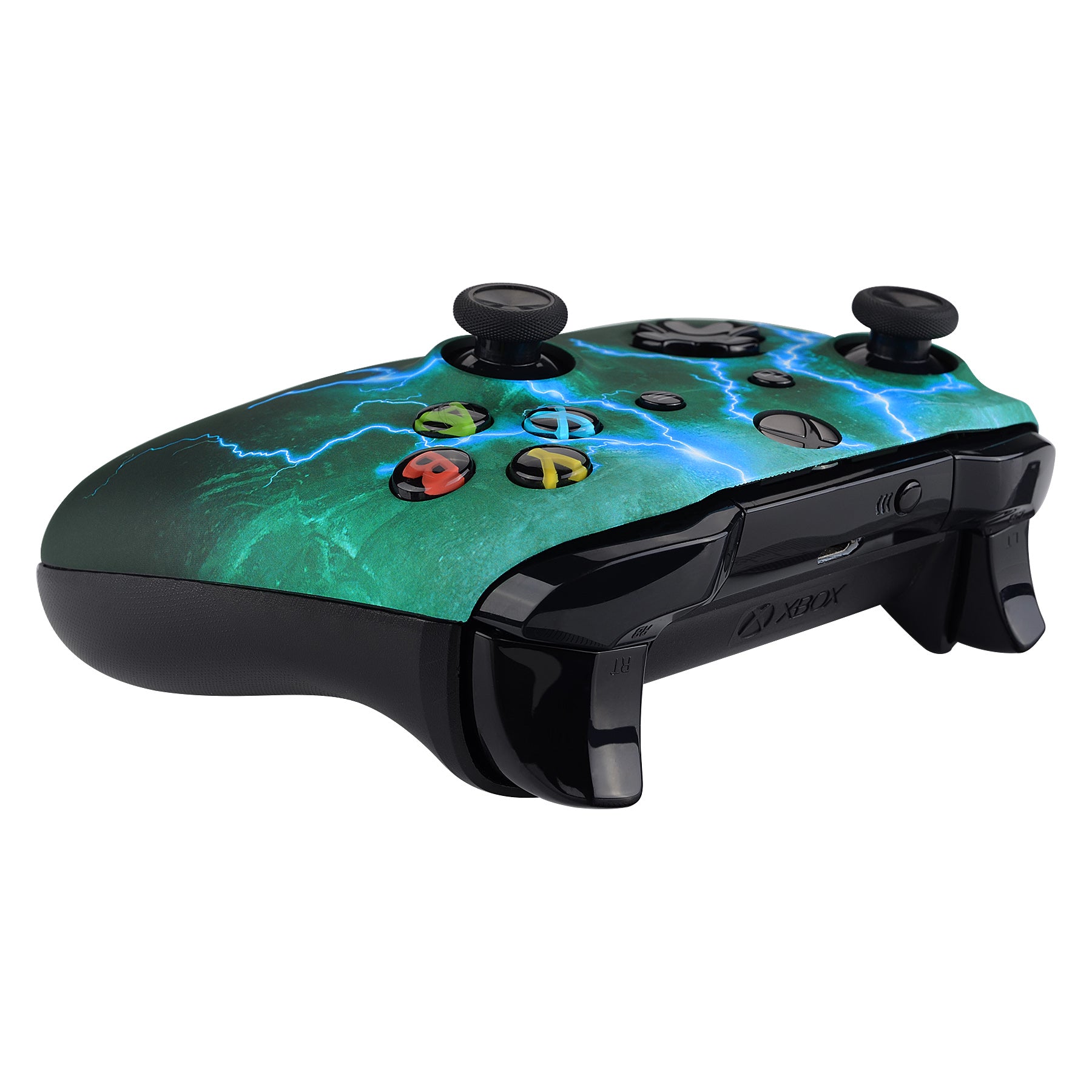 eXtremeRate Green Storm Thunder Patterned Soft Touch Front Housing Shell Case & Faceplate Cover Replacement Kit for Xbox One S & One X Controller (Model 1708) - Perfect for Gaming Enthusiasts & Custom Modders