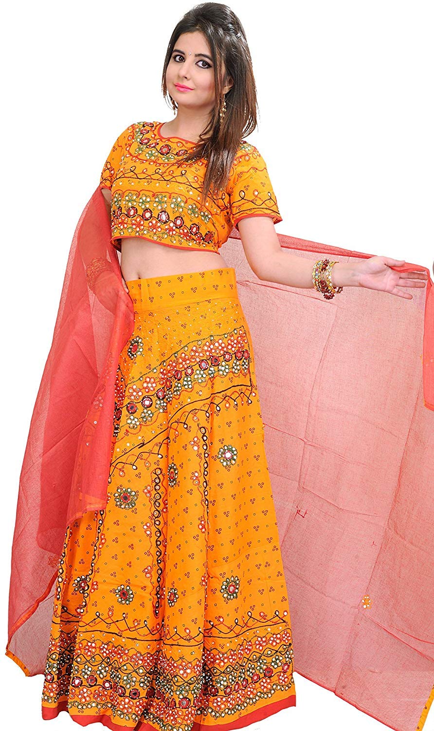 Exotic India Bandhani Lehenga Choli Set - Handmade Jaipur Traditional Dress with Thread Embroidered Flowers & Mirror Work for Weddings, Festivals & Cultural Events