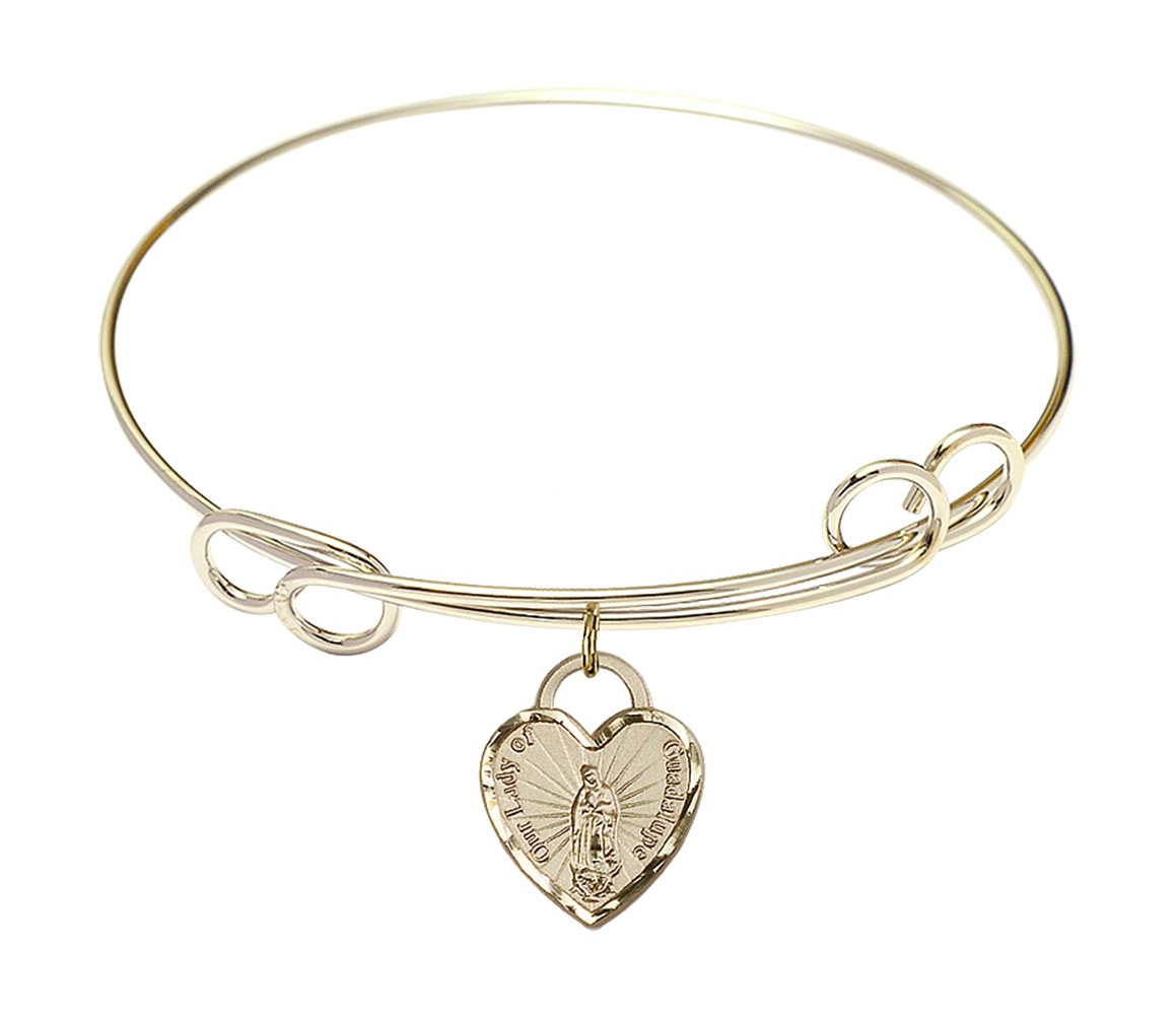 7 1/2 Inch Round Double Loop Bangle Bracelet with Our Lady of Guadalupe Heart Charm - Elegant Religious Jewelry for Women, Perfect for Church, Gifts & Everyday Wear