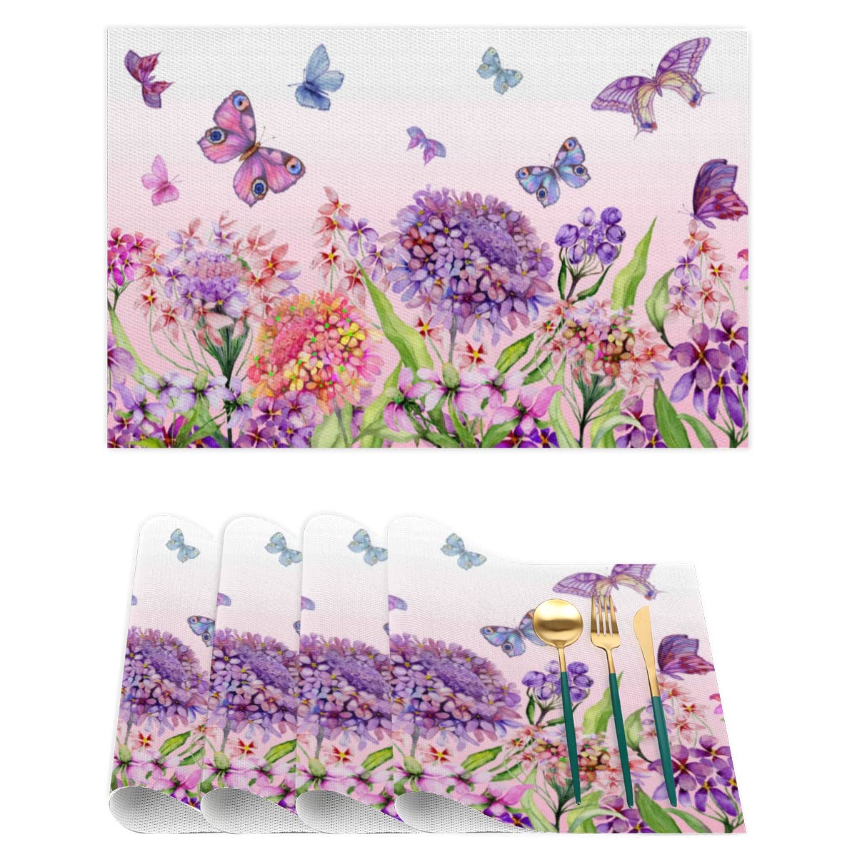 4-Pack Watercolor Butterfly Floral Rectangle Placemats - Non-Slip Washable Heat-Resistant PVC Table Mats for Dining Table, Kitchen Decor, Home & Party Decoration - Perfect for Everyday Meals, Dinner Parties & Special Occasions