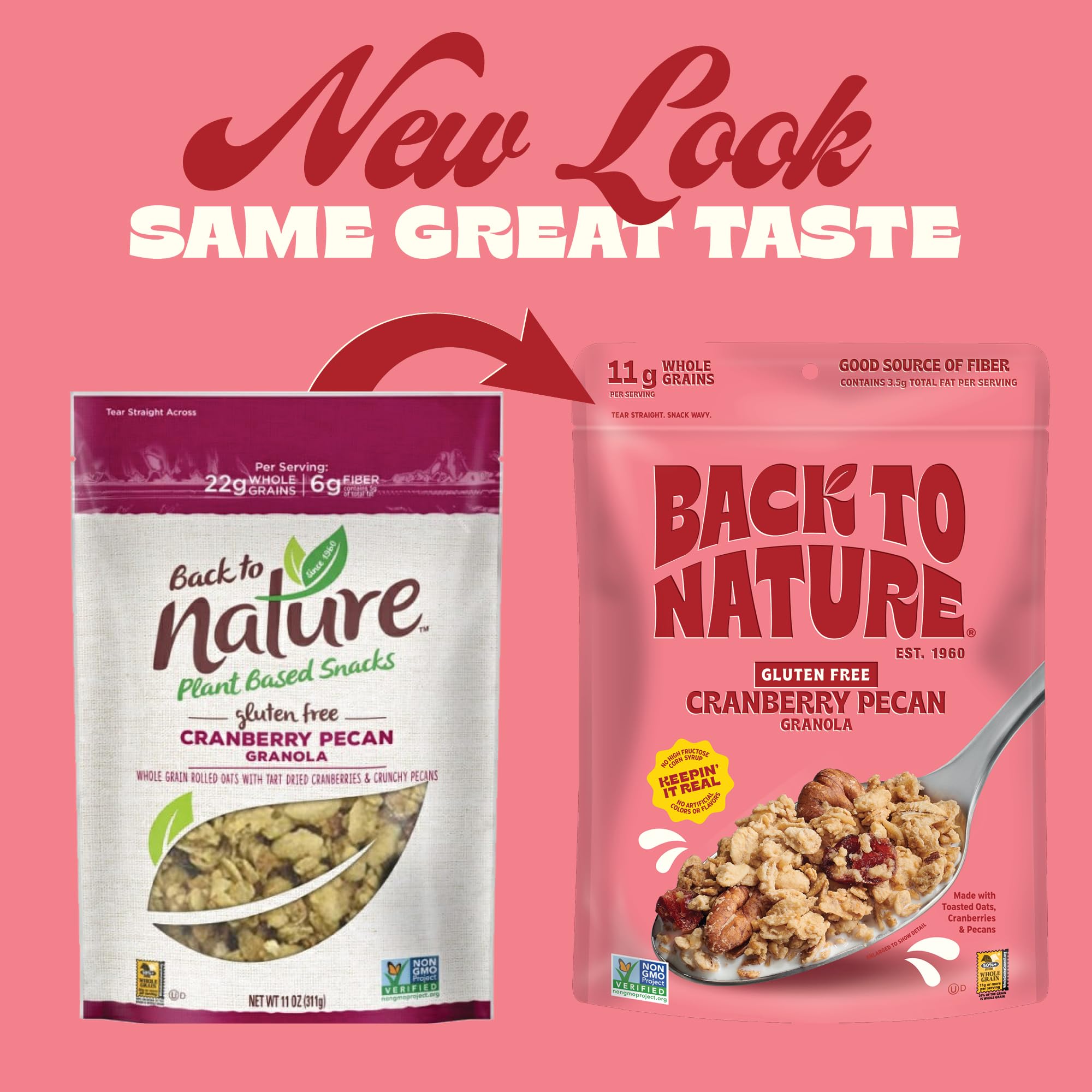 Back to Nature Granola Cereal - Gluten Free, Non-GMO, Vegan Snacks with Whole Grain Rolled Oats, Cranberry Pecan - 11oz (Pack of 6) | Healthy Breakfast & On-the-Go Snack for Work, School & Travel