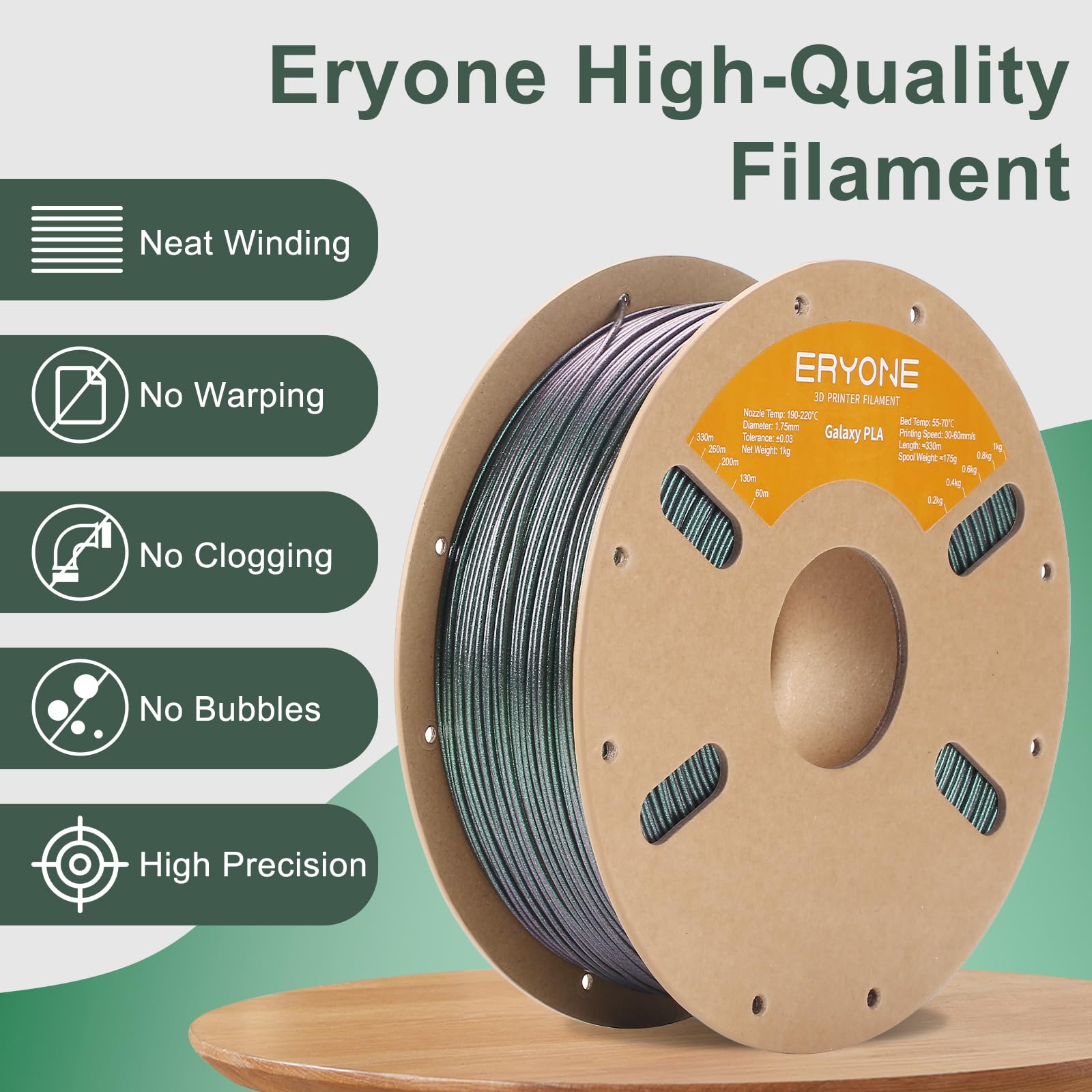 ERYONE Glitter PLA Filament for 3D Printing - 1.75mm ±0.03mm Precision, 1kg (2.2LBS) Spool - Bipolaris Nebula Green Sparkle - Perfect for DIY Crafts, Cosplay Props & Home Decor Projects