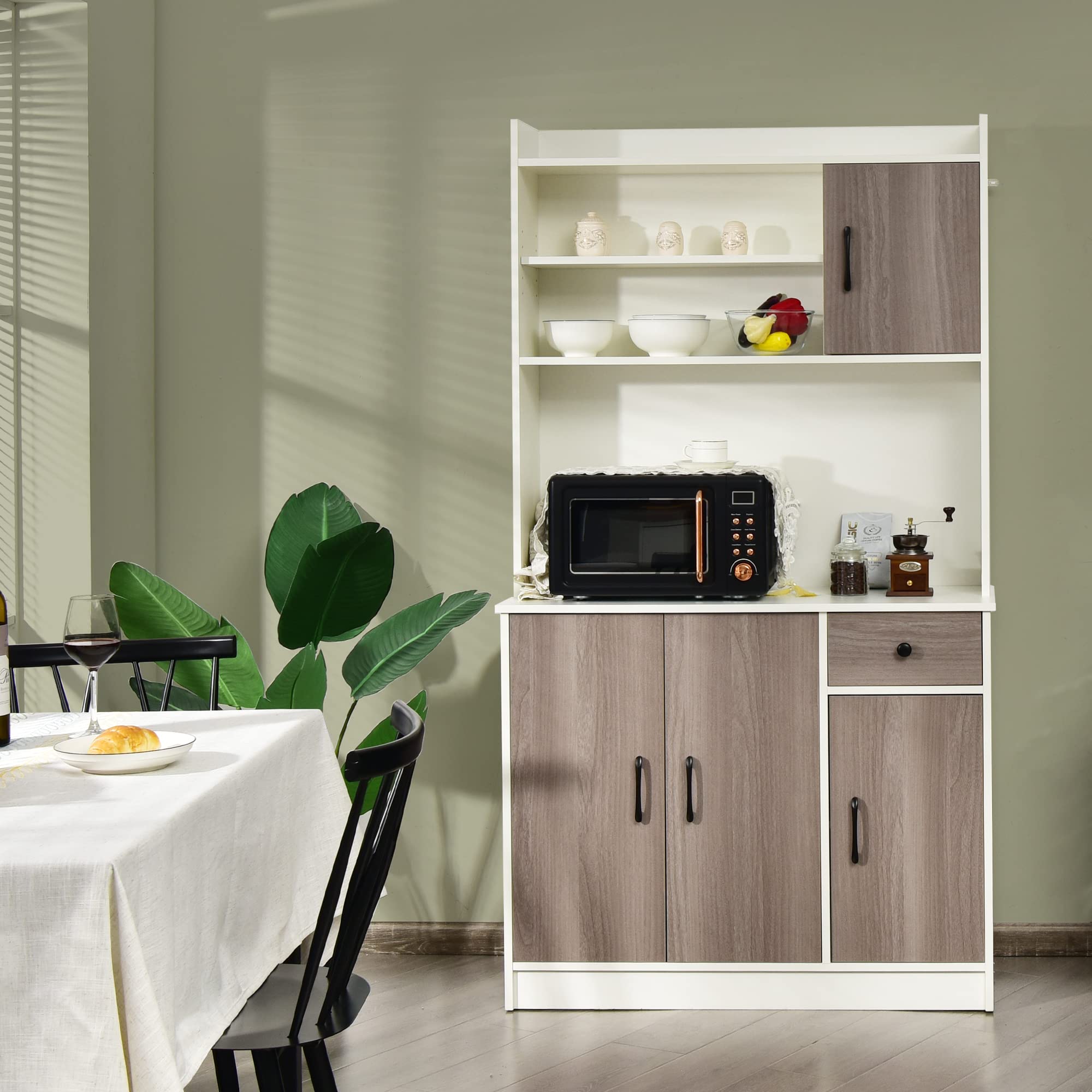 LOKO White Kitchen Pantry Storage Cabinet with Adjustable Shelves & Hutch - 39.5