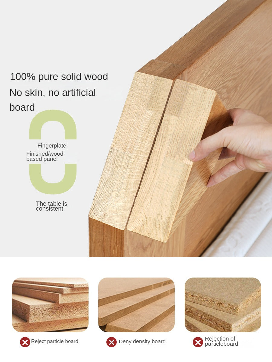 Solid Oak and Beech Wood Bed with Built-in LED Lights and Bookshelf - Modern Bedroom Furniture for Small Spaces, Lofts, and Studio Apartments