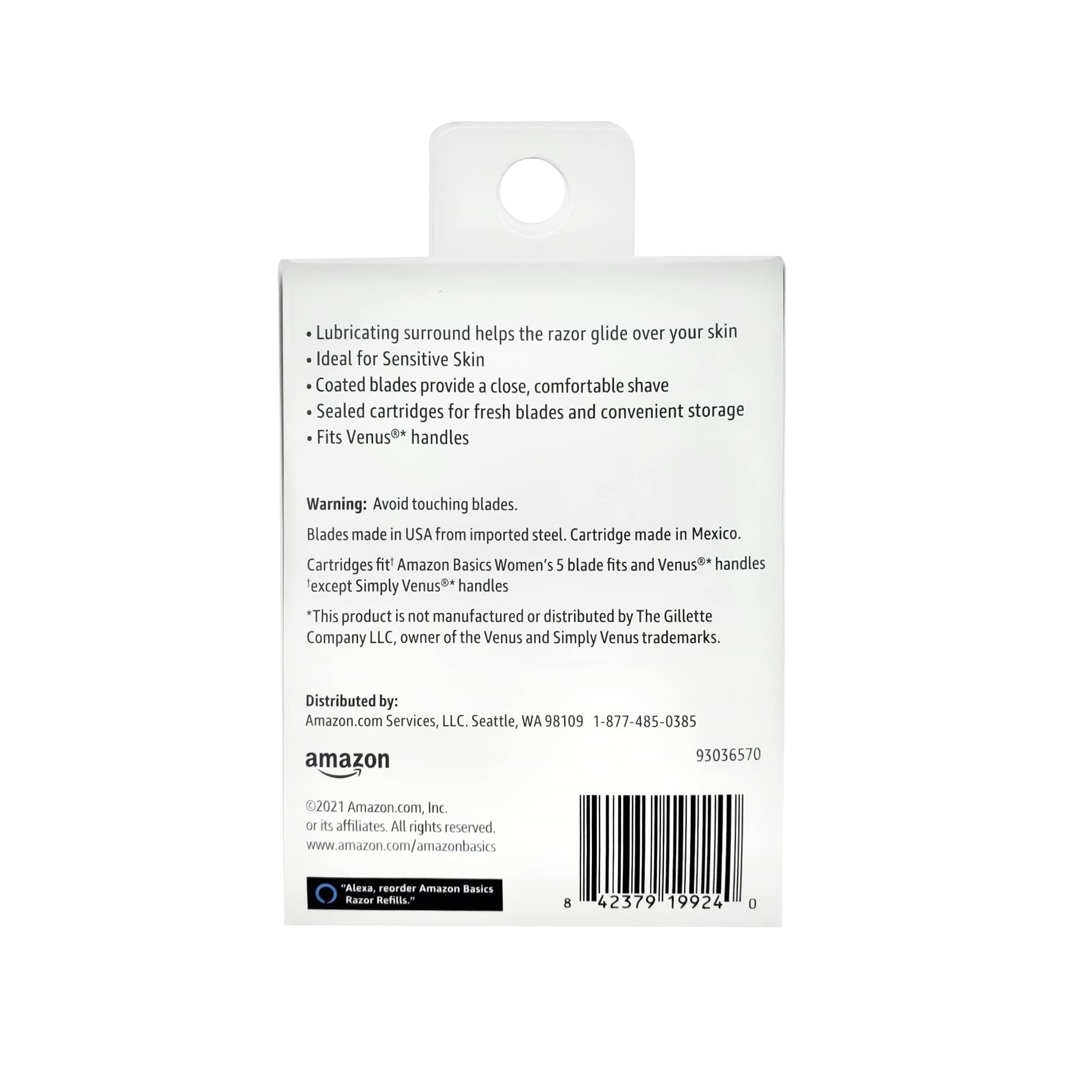 Amazon Basics Women's 5-Blade Razor Refill Cartridges - 6 Pack | Compatible with Venus & FITS System Razor Handles | Smooth Shaving for Legs, Underarms & Bikini Area | Hypoallergenic Moisture Strips