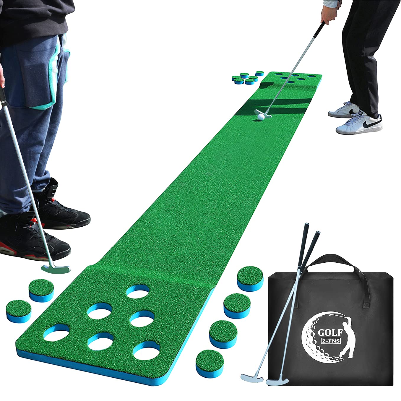 2-FNS Golf Putting Green Set with 2 Putters, 4 Golf Balls & Carrying Case - Indoor/Outdoor Practice Mat for Home, Office & Backyard Training | Perfect Gift for Golf Enthusiasts