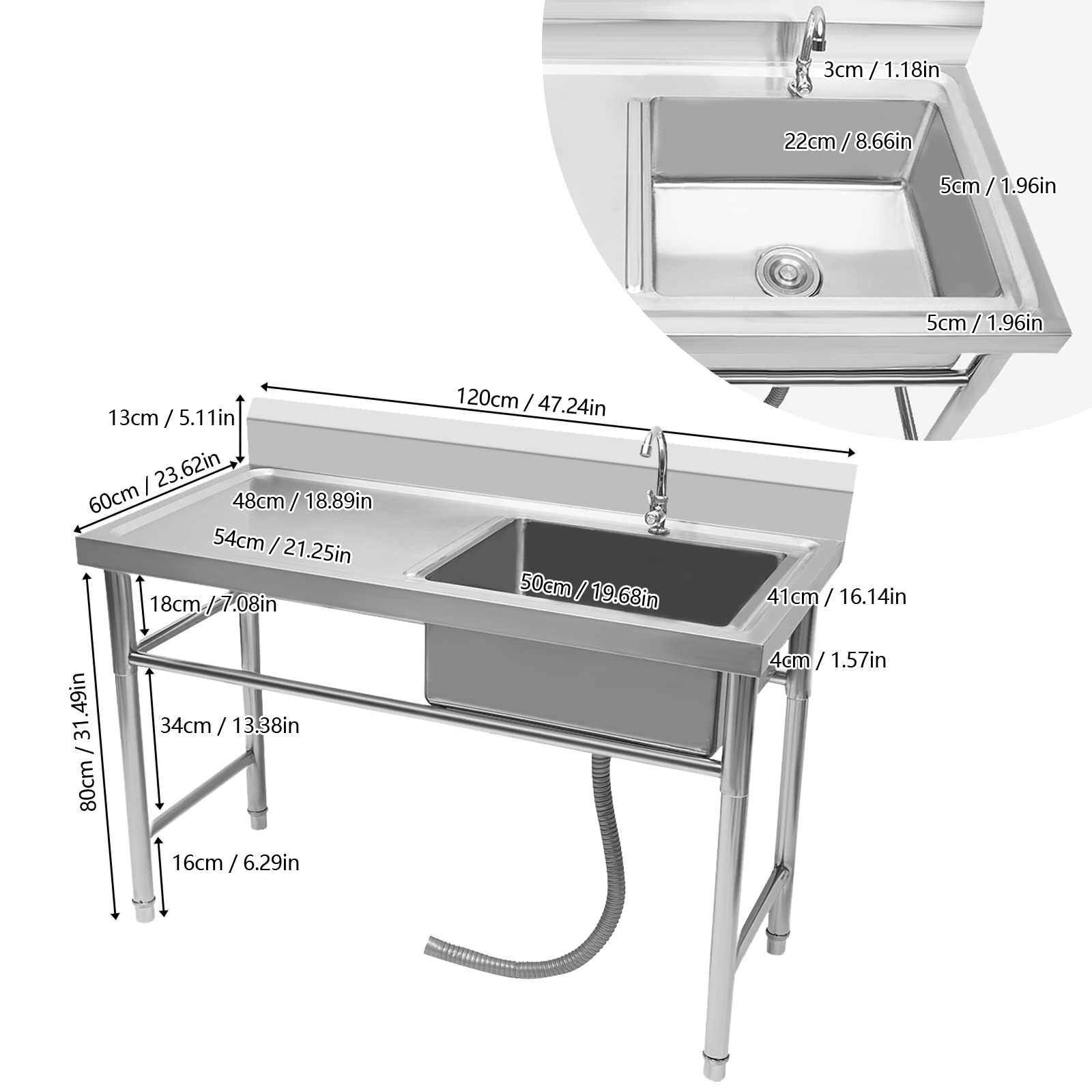 304 Stainless Steel Commercial Utility Sink with Faucet & Drainboard - 47.2x23.6x34.5 Inch Heavy Duty Outdoor Kitchen Prep Sink Station - Perfect for Restaurants, Food Trucks, BBQ Areas & Outdoor Cooking Stations (US Stock)