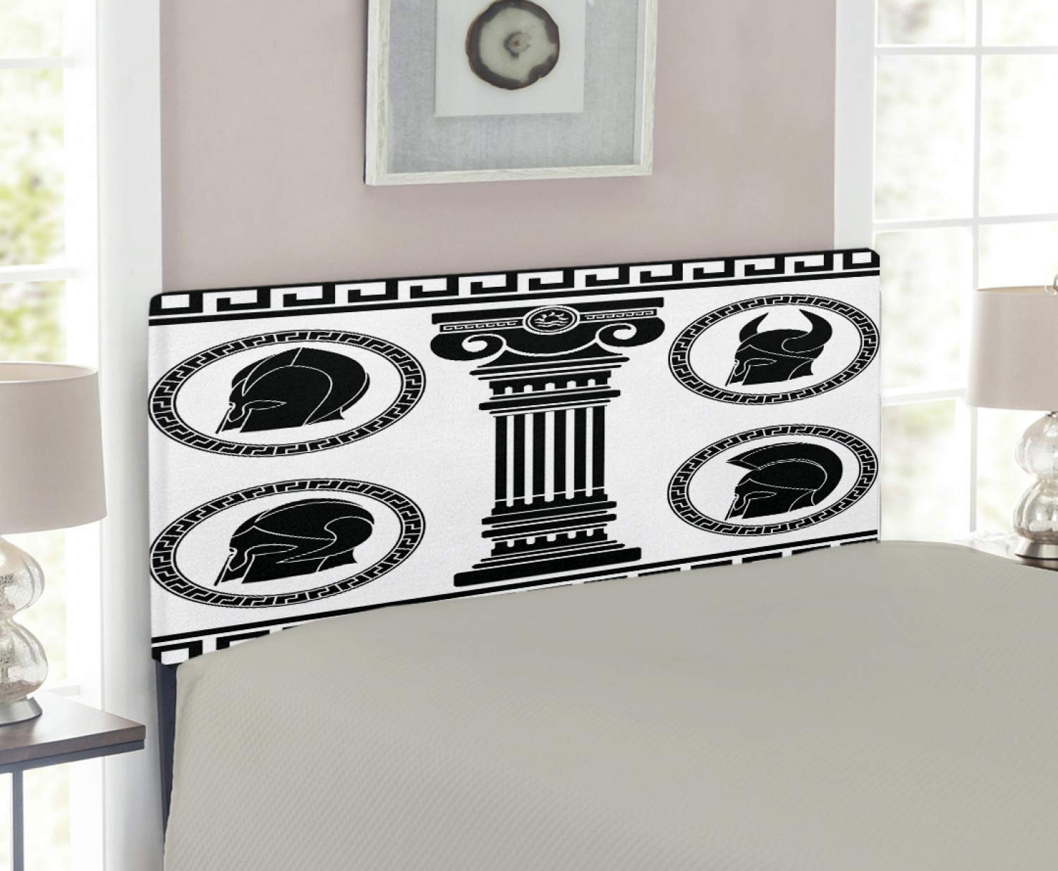 Ambesonne Retro Upholstered Headboard - Twin Size Black & White Patterned Circular Frames with Memory Foam | Vintage Spartan Classic Bedroom Decor | Perfect for Guest Rooms, Dormitories & Classic Home Interiors