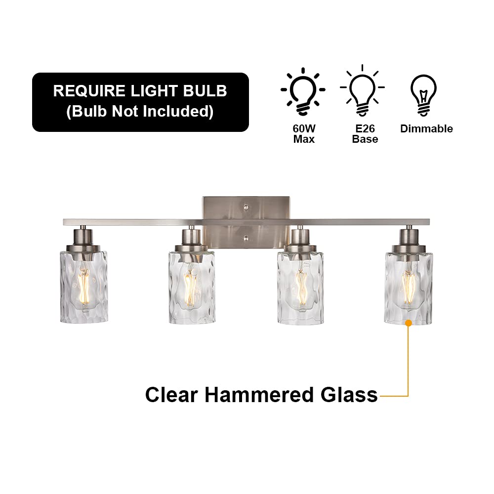 4-Light Modern Bathroom Vanity Light Fixture - Brushed Nickel Wall Sconce with Hammered Glass Shade - Perfect for Bathroom, Powder Room & Dressing Room Lighting
