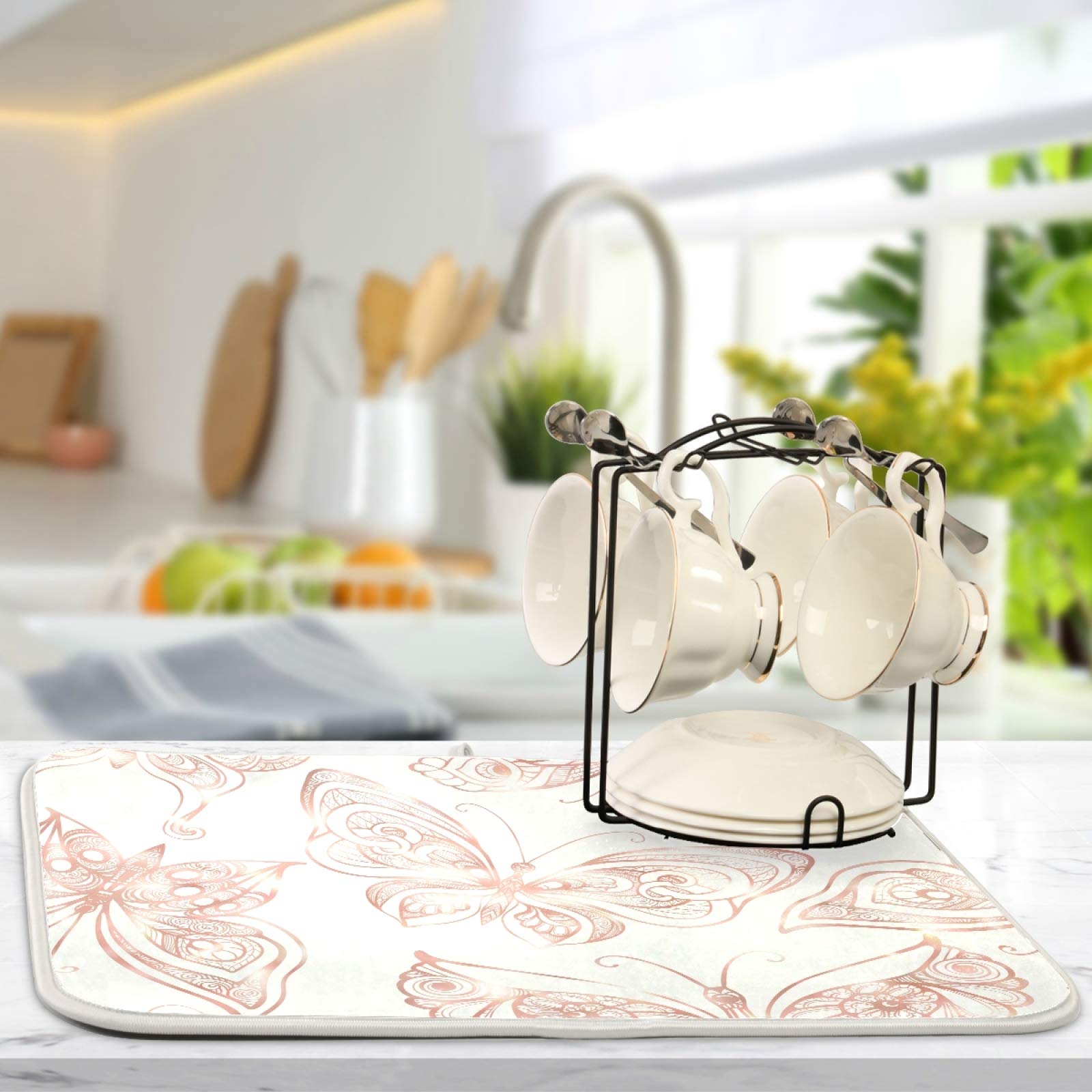 Rose Gold Butterfly Dish Drying Mat - Super Absorbent Microfiber for Kitchen Counter (18x24 Inch) - Perfect for Dishes & Cookware