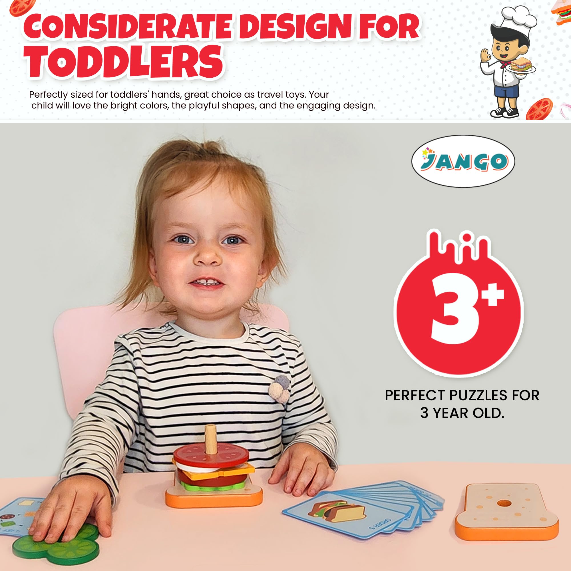 Montessori Wooden Stacking Toys for Toddlers - Burger Sandwich Set for 3 Year Old Kids | Educational Learning Toys for Fine Motor Skills Development | Preschool Play Food for Imaginative Kitchen Role Play