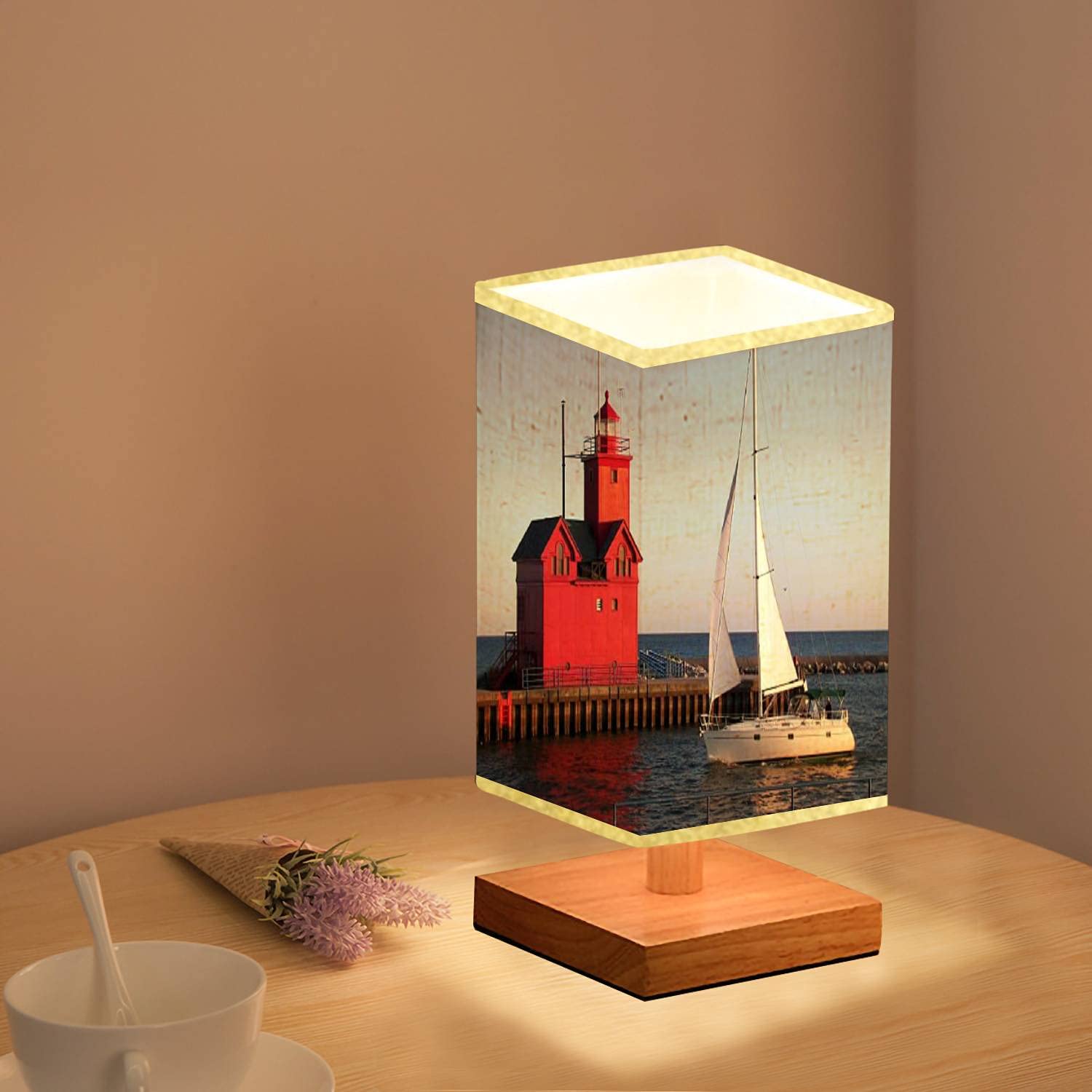 Red Lighthouse & Sailboat Wooden Base Table Lamp with Flaxen Fabric Shade - Dimmable Nightstand Lamp for Bedroom, Living Room, Office | Perfect for Coastal Decor, Reading Nook & Bedside Lighting