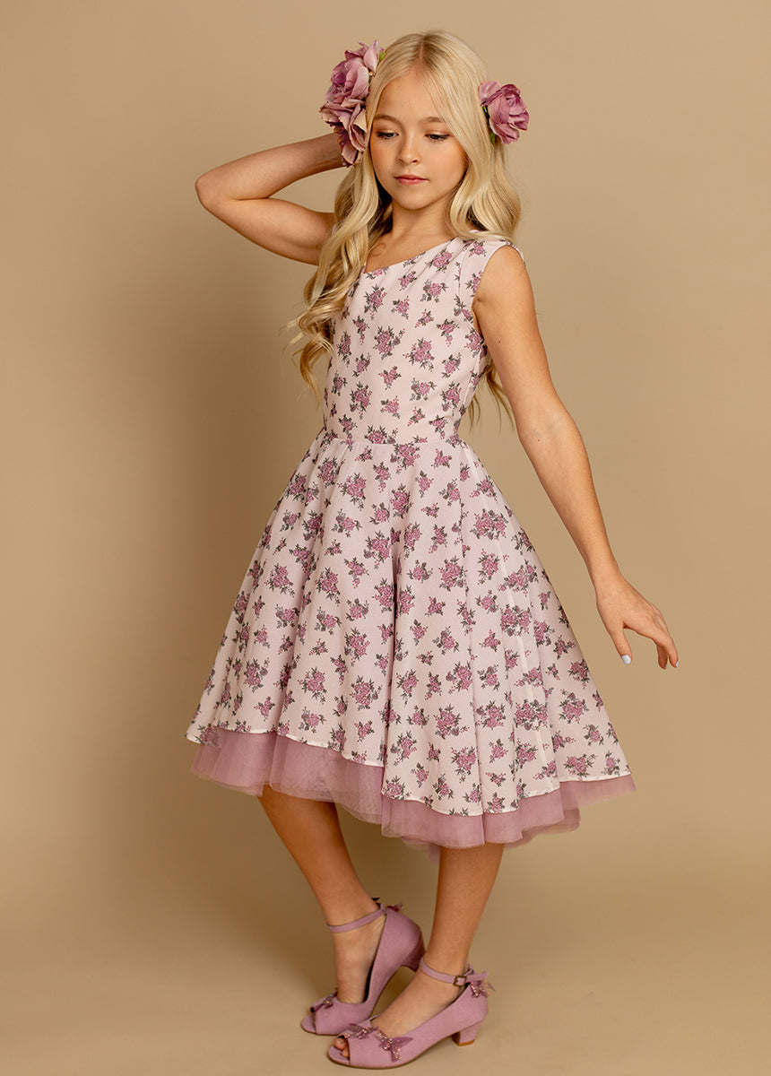 Lezah Women's Lilac Ditsy Floral Petticoat Dress - Vintage A-Line Tea Dress with Flowy Skirt for Wedding, Party & Special Occasions