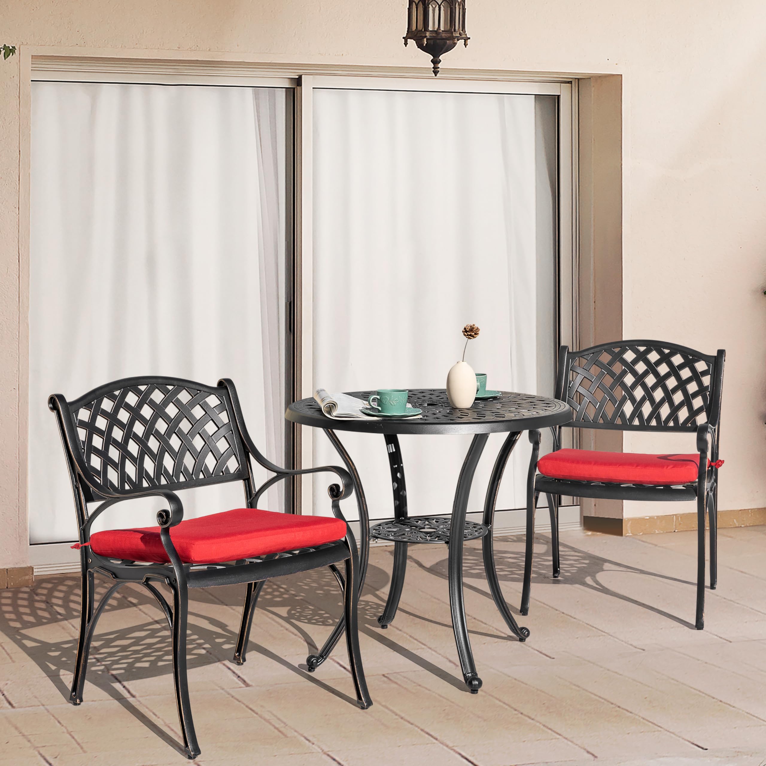 NUU GARDEN 3-Piece Outdoor Bistro Set - Cast Aluminum Patio Table & Chairs with Umbrella Hole & Red Cushions - Rustproof Black Garden Furniture for Backyard, Balcony, Front Porch - Perfect for Outdoor Dining, Relaxing & Entertaining