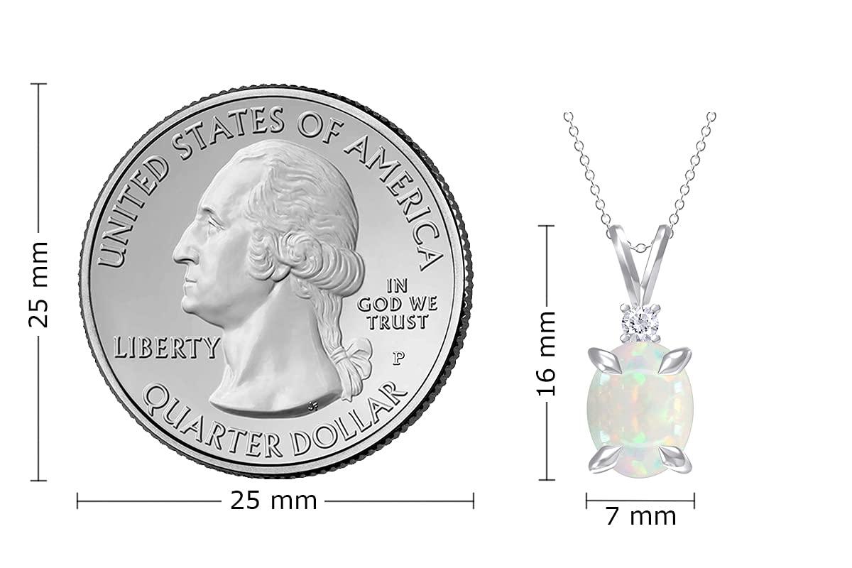 7X9MM Oval Cut Natural Opal & Diamond Teardrop Solitaire Pendant Necklace for Women - 14K Gold Over Sterling Silver, 18