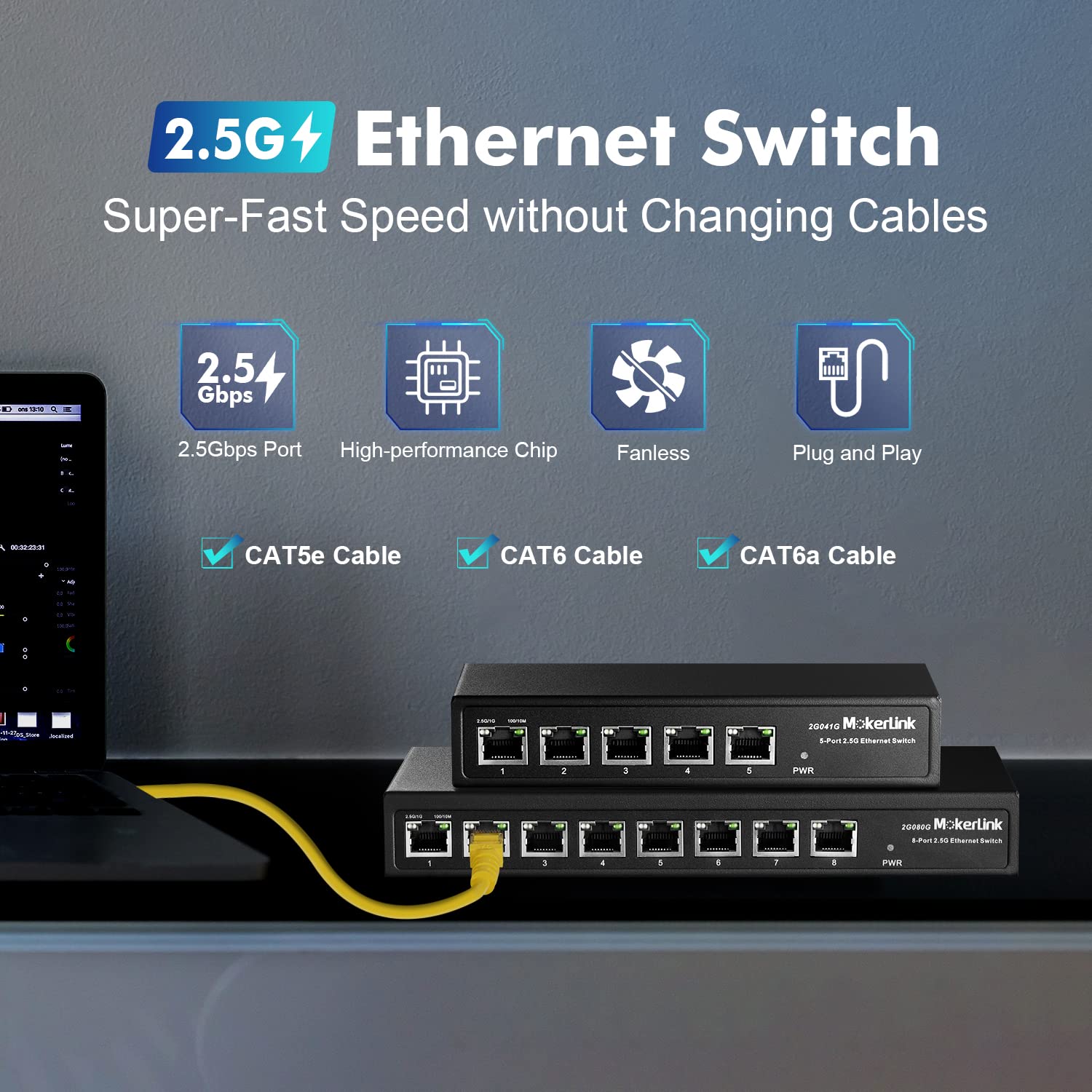 MokerLink 8-Port 2.5G Ethernet Switch - 8 x 2.5GBASE-T Ports, 10/100/1000Mbps Compatible, Metal Unmanaged Fanless Network Switch for Home Office, Gaming & Media Streaming