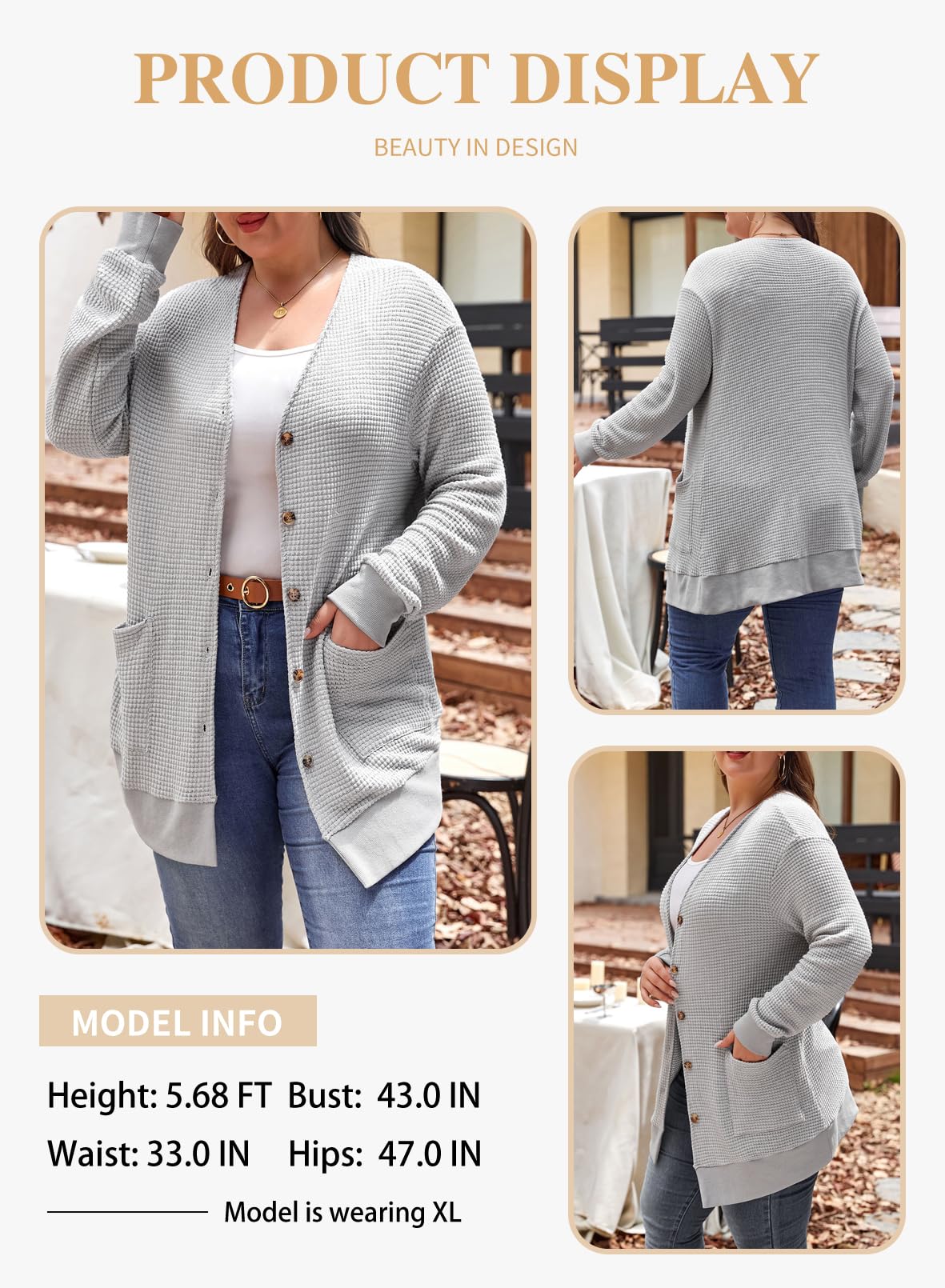 Eytino Women's Plus Size Waffle Knit Cardigan - Long Sleeve Button Front Casual Sweater (1X-5X) for Work, Office & Fall Layering