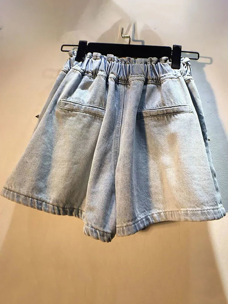 Women's High Waist Denim Shorts with Rivet & Diamond Decor - Elastic Drawstring Loose Wide Leg Jeans for Summer | Casual Outfit, Beach Wear, Street Style