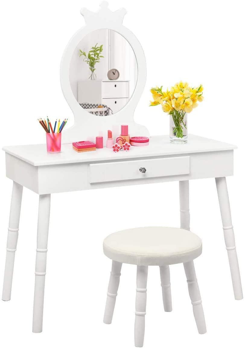 INFANS Wooden Kids Vanity Dressing Table & Stool Set with Real Mirror - Princess Pretend Play Makeup Dresser with Drawer for Little Girls - Perfect for Birthday Gifts, Bedroom Decor & Role Play Activities