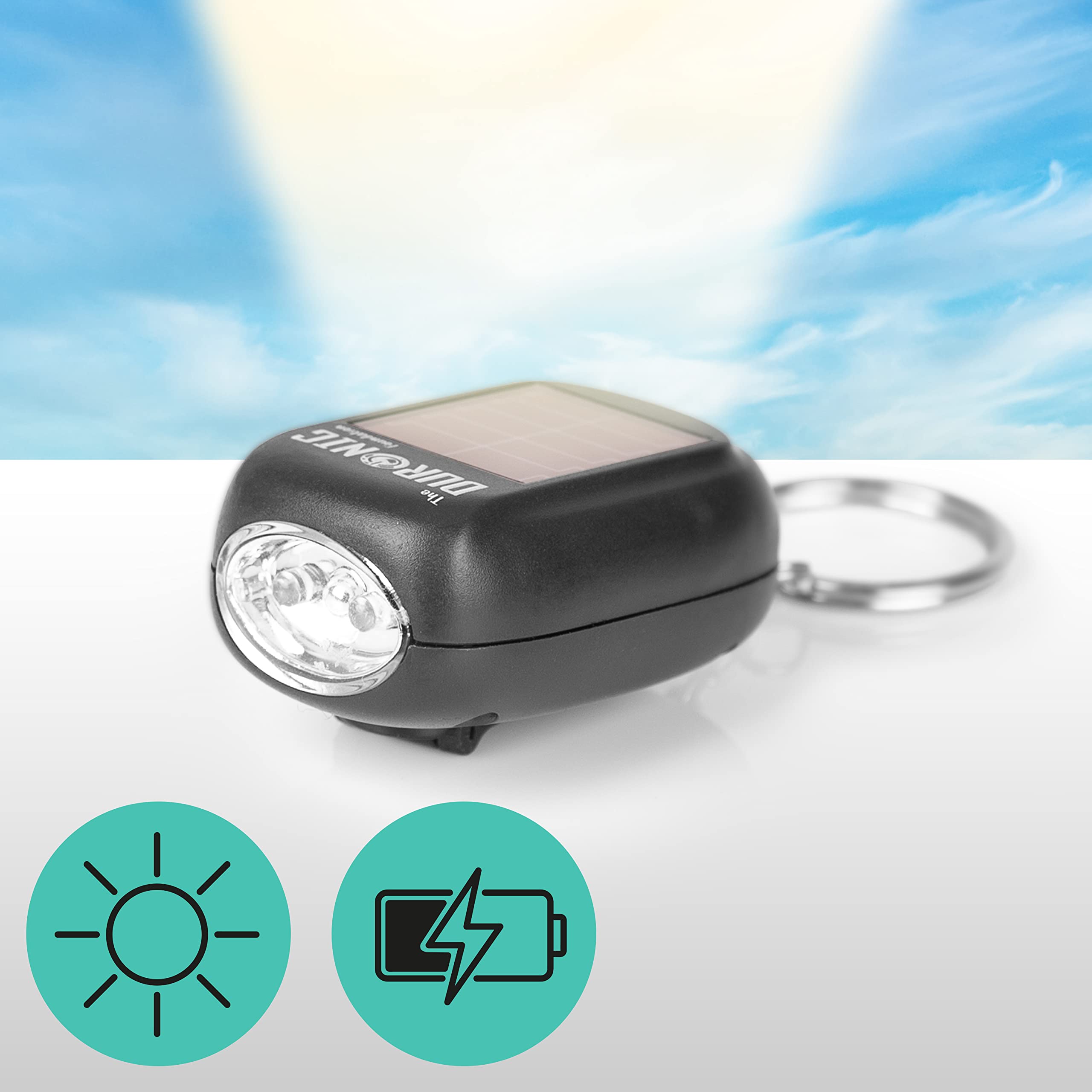 Duronic Keyring LED Torch DF01 - Rechargeable Pocket Flashlight with 2-Way Charging (Solar Panel & Hand Crank), 8 Lumens, Battery-Free Keychain Light for Camping, Hiking & Emergency Use