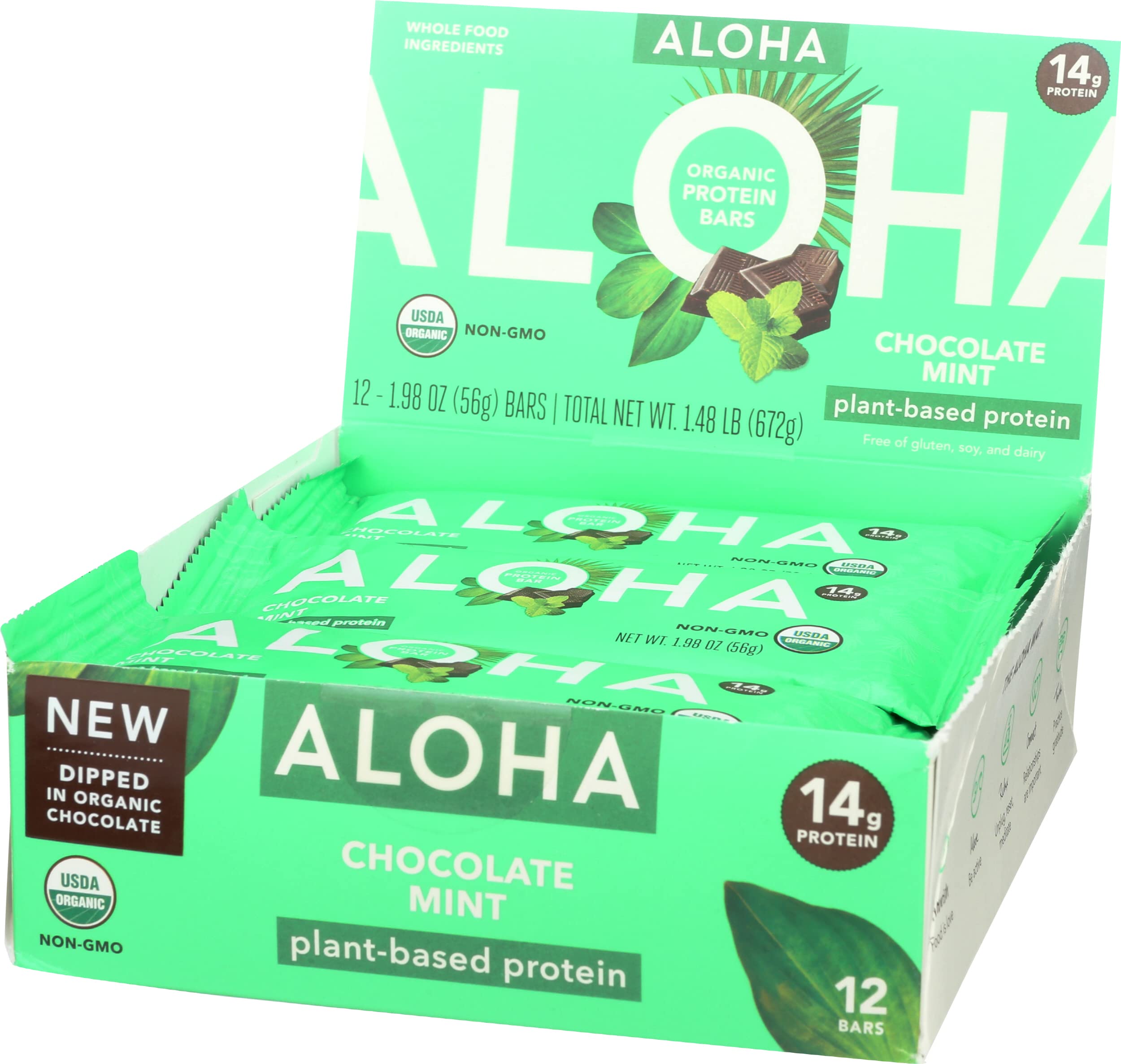 Aloha Organic Chocolate Mint Protein Bars - 12 Pack | 14g Plant-Based Protein, USDA Organic Certified, Gluten Free, Non-GMO | Healthy Snack for Workout Recovery, On-the-Go Energy & Vegan Diet
