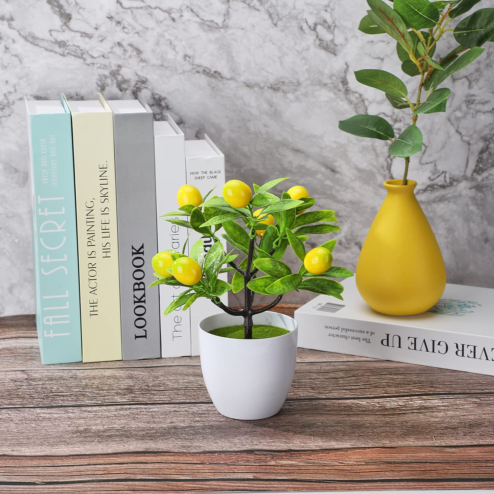 Artificial Lemon Tree Bonsai - Fake Mini Fruit Potted Plant with 7 Lemons in White Plastic Pot - Home, Wedding & Party Decor - Perfect for Table Centerpieces, Office Desk Decor, and Indoor Greenery
