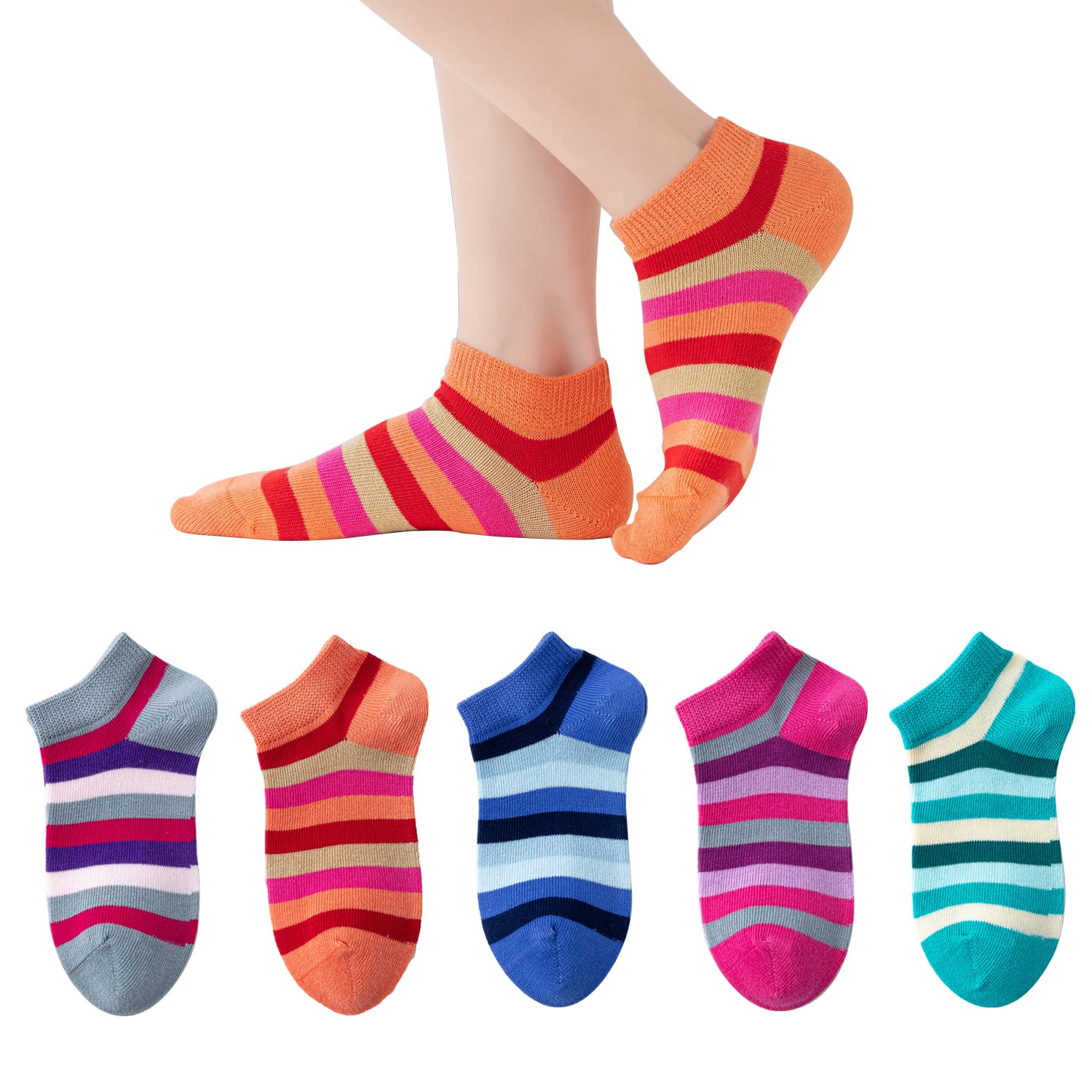 Marchare Girls Seamless Rainbow Striped Cotton Socks - 5 Pack Crew Socks for School, Play & Everyday Wear | Soft & Comfortable Kids Socks