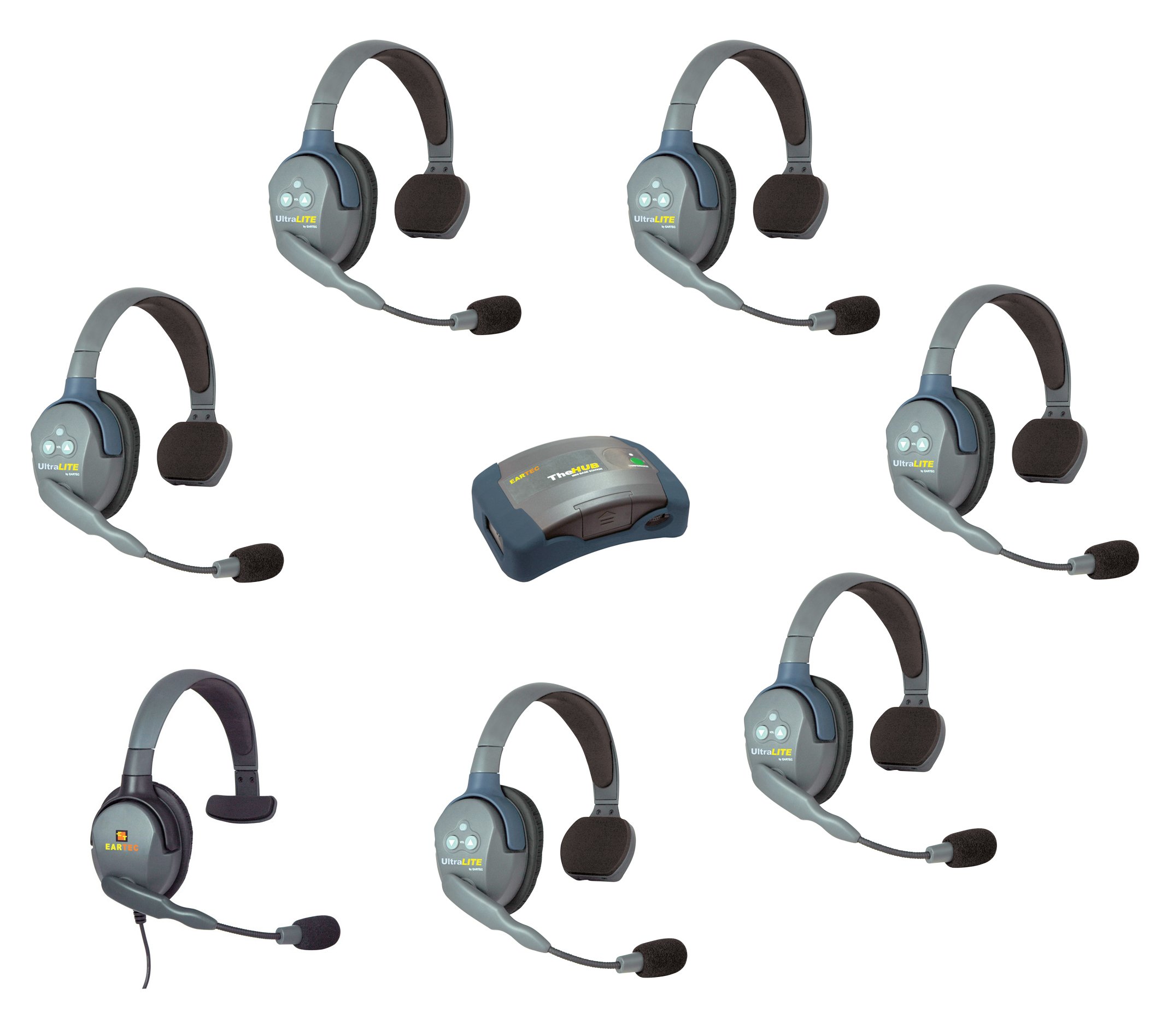 Eartec HUB7SMXS - 7 Person Wireless Communication System with 6 Single Headsets & 1 Max 4G Headset + Mini Base Transceiver | Perfect for Construction Sites, Event Coordination & Team Communication