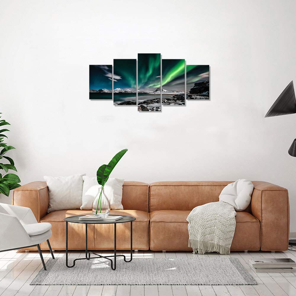 EPHANY Green Sky Night Painting - 5 Piece Aurora Landscape Wall Art Set, Stretched Framed Canvas Prints for Home Decor - Perfect for Living Room, Bedroom & Office Wall Decor