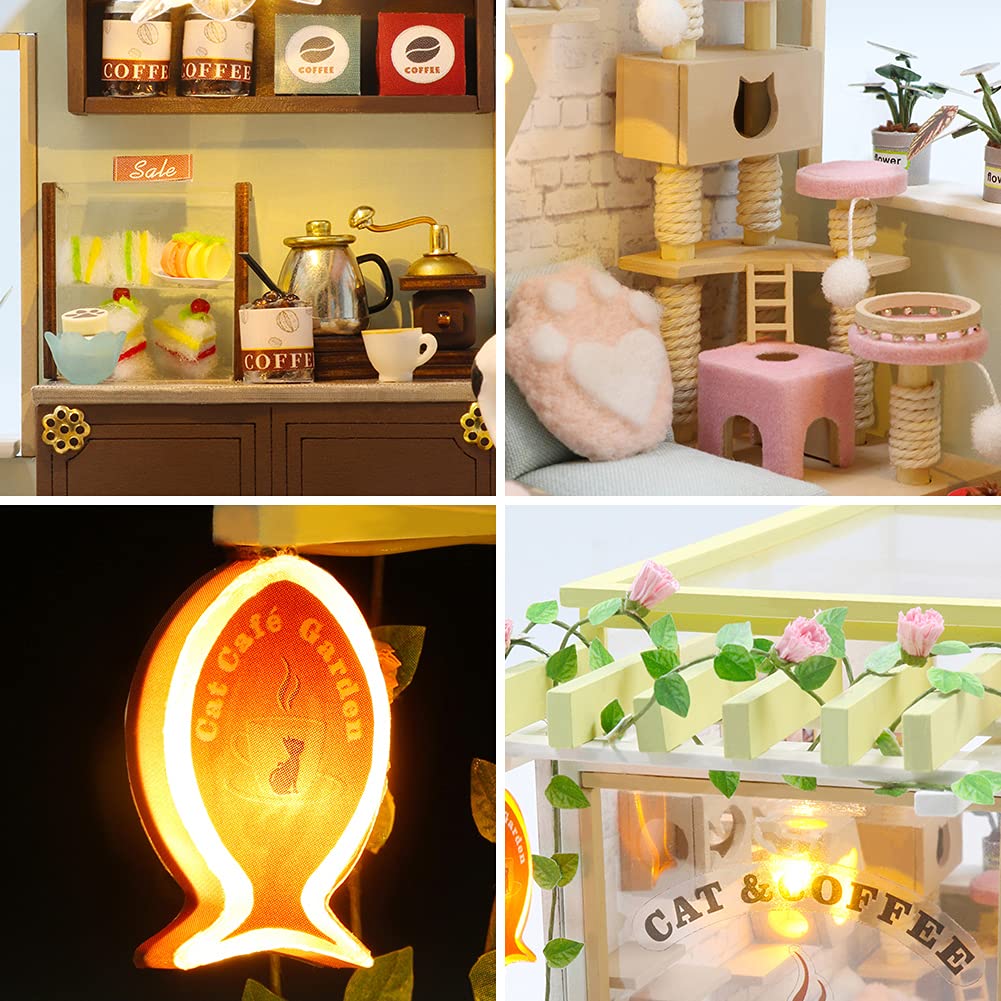 DIY Miniature Cat Cafe Dollhouse Kit - Wooden Pet Coffee Shop Building Model with Furniture, LED Lights & Music Box - Perfect for Birthday Gifts & Home Decor (No Dust Cover) | Creative Play, Collectible Display & Relaxing Hobby Project