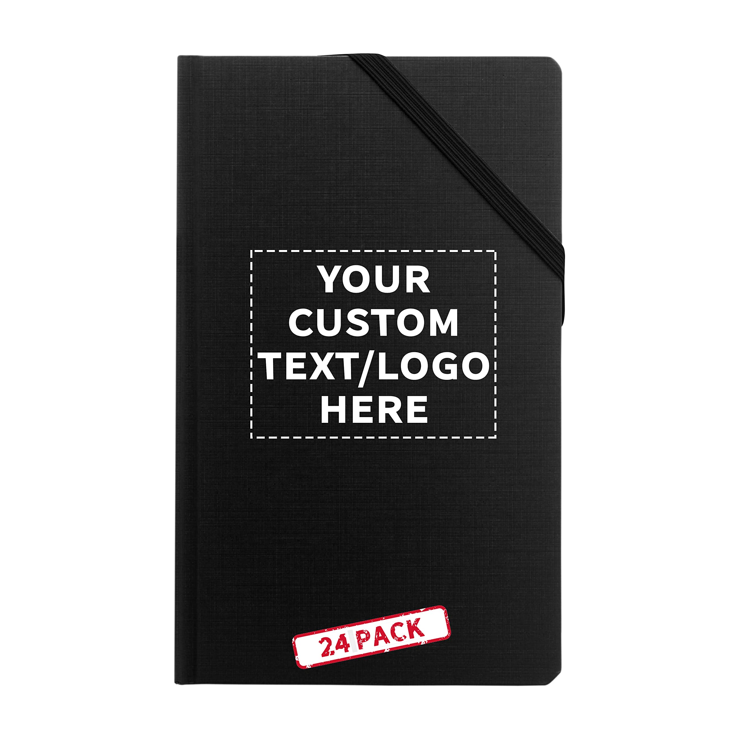 24 Pack Hardcover Journals with Corner Band - Customizable Text & Logo - Elegant Medium Size Black Notebooks for Office, School, Travel & Gift Giving