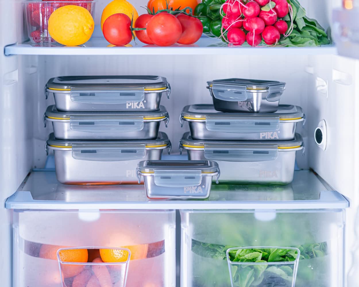 PIKA - 7-Piece Airtight Stainless Steel Food Storage Containers Set - Microwave, Oven & Freezer Safe - Perfect for Meal Prep, Batch Cooking & Leftovers Storage - Ideal for Home, Office & Picnic Use