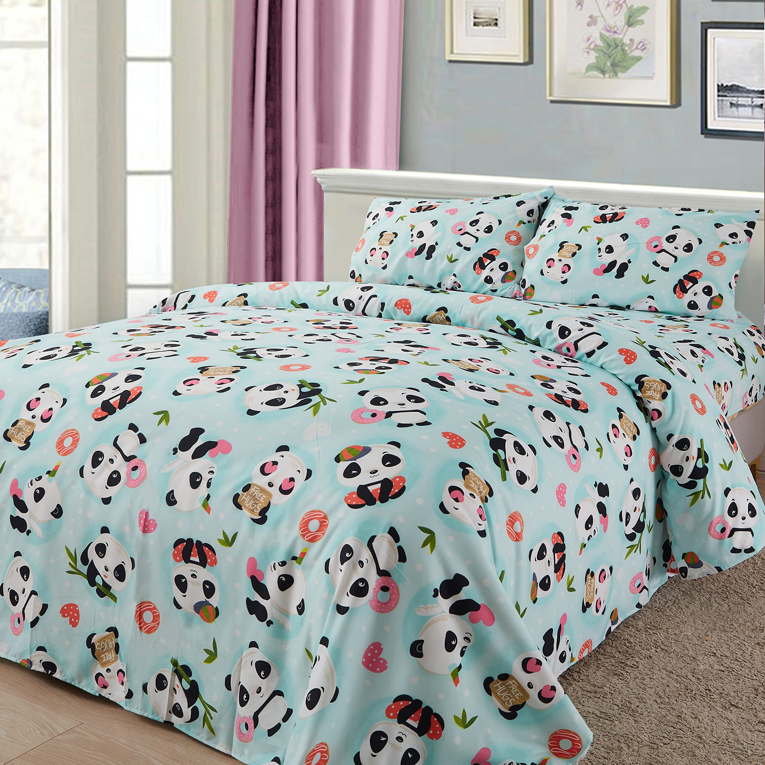 LinenTopia 4-Piece Queen Size Panda Bear Print Sheet Set - Fitted Sheet, Flat Sheet & 2 Pillowcases - Soft Kids Bedding for Girls & Boys - Perfect for Nursery, Bedroom Decor & Gift Giving