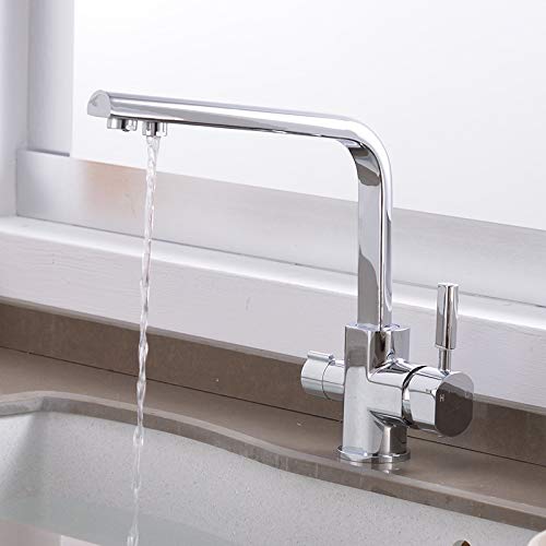 Stainless Steel Kitchen Faucet with Water Filter - 360° Swivel Deck Mounted Pull Down Sprayer, Dual Handle 3-Way Filtered Drinking Water Sink Faucet for Modern Home Kitchen