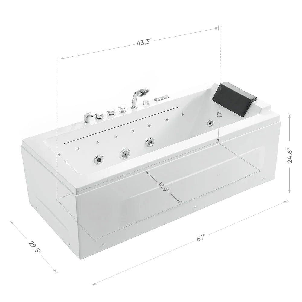 Empava 67-Inch Alcove Whirlpool Bathtub with Inline Heater, LED Lights & Left Drain - Rectangular Soaking Tub for Luxury Bathroom Relaxation and Spa Experience