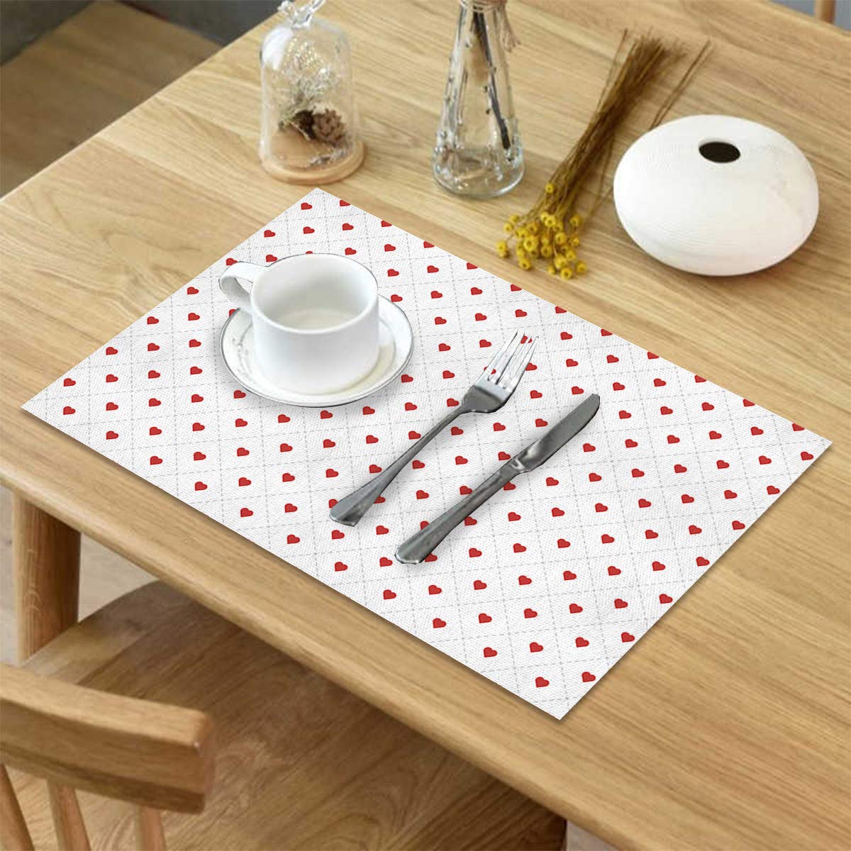Valentine's Day Linen Placemats Set of 4 - Non-Slip Washable Kitchen Table Mats for Dining with Romantic Hearts Lattice Design | Perfect for Anniversary Dinners, Date Nights & Holiday Decor