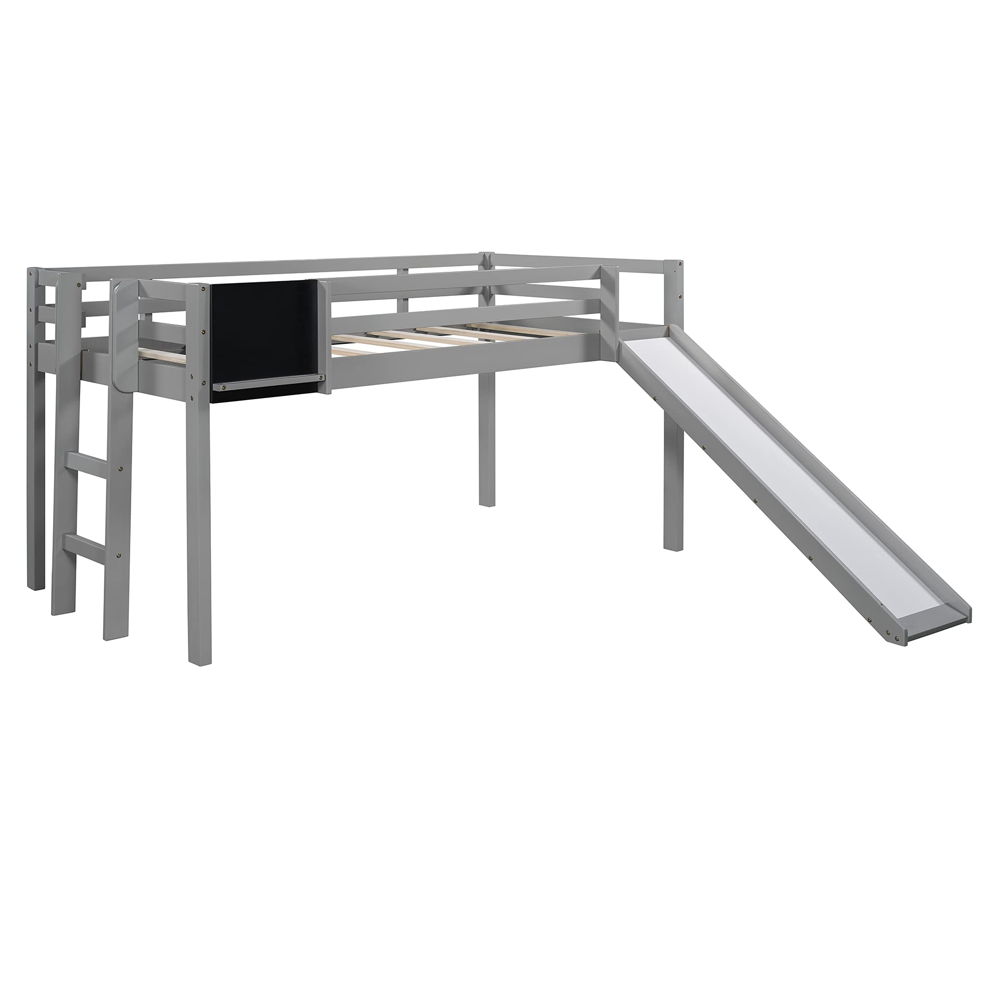 Low Loft Bed with Slide for Kids - Twin Size Wooden Loft Bed Frame with Chalkboard, Guardrails & Ladder - Space Saving Grey Loft Bed for Boys, Girls & Teens - Perfect for Small Bedrooms, Playrooms & Dorm Rooms