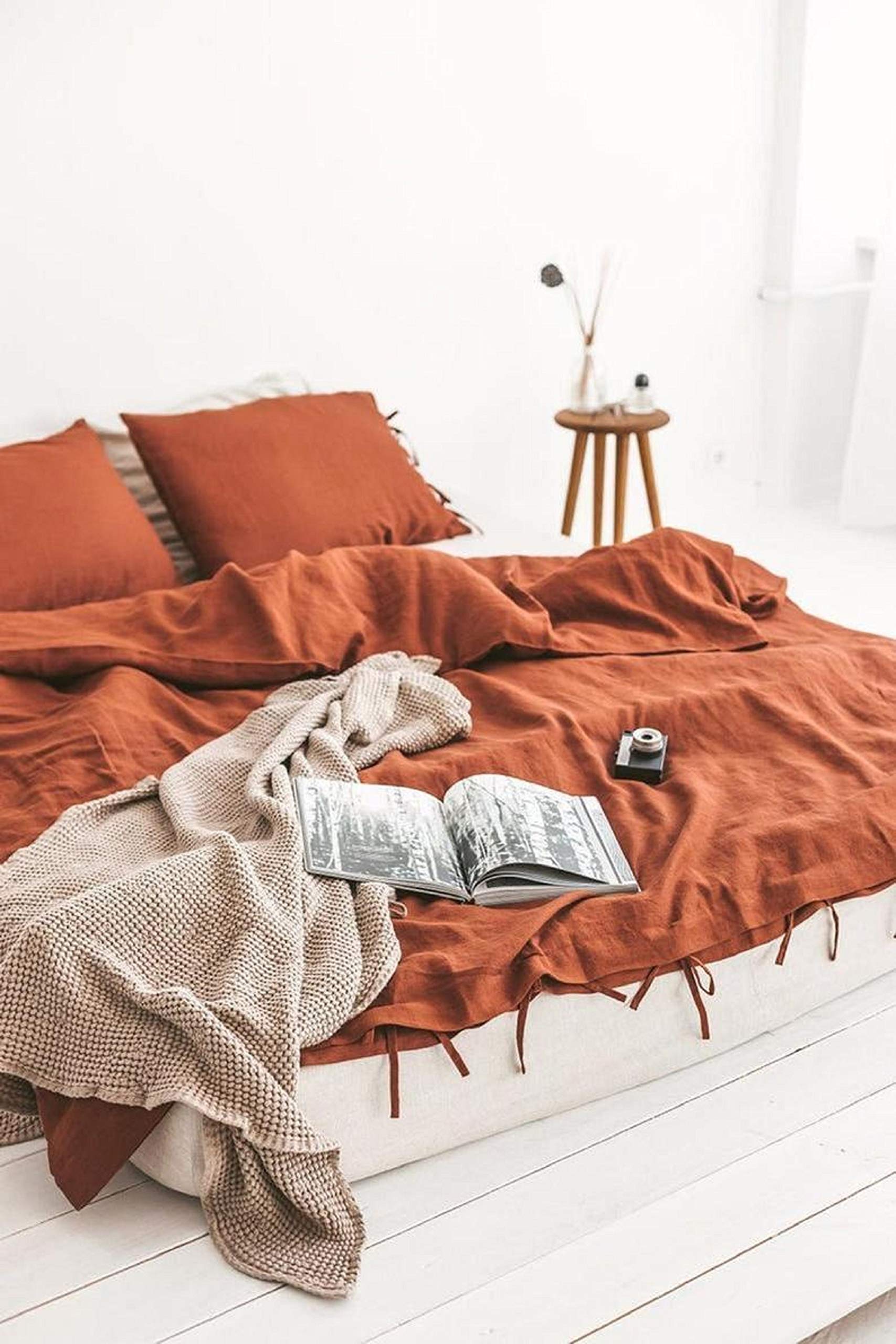 Burnt Orange Cotton Washed Duvet Cover Set with Coconut Buttons - Reversible Bohemian Bedding | Stonewashed Twin Size for Cozy Bedroom Decor