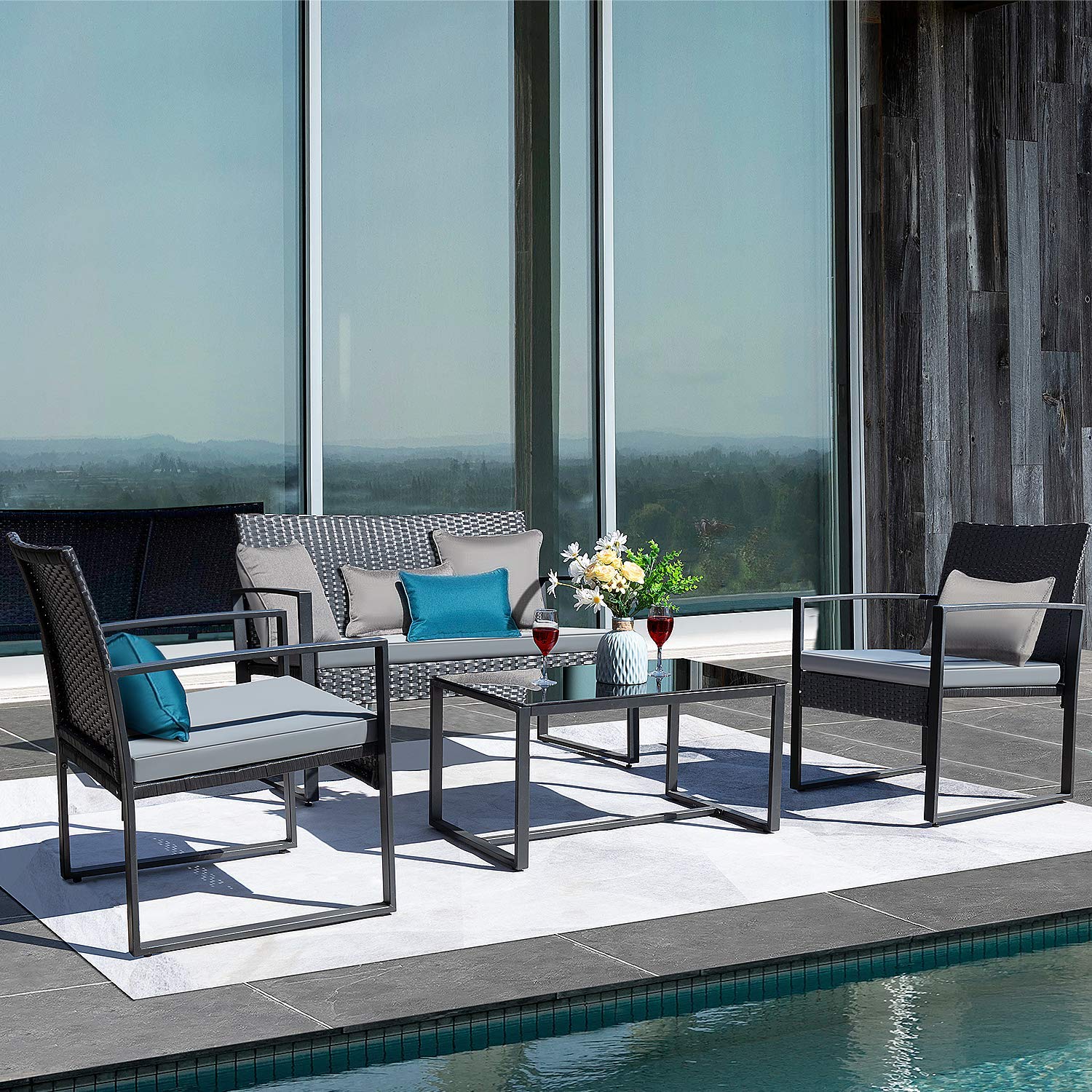 **JUMMICO 4-Piece Outdoor Patio Set - Modern Rattan Chairs with Cushions & Metal Table - Bistro Conversation Set for Garden, Balcony, Poolside (Grey) - Perfect for Relaxing, Entertaining & Outdoor Dining**