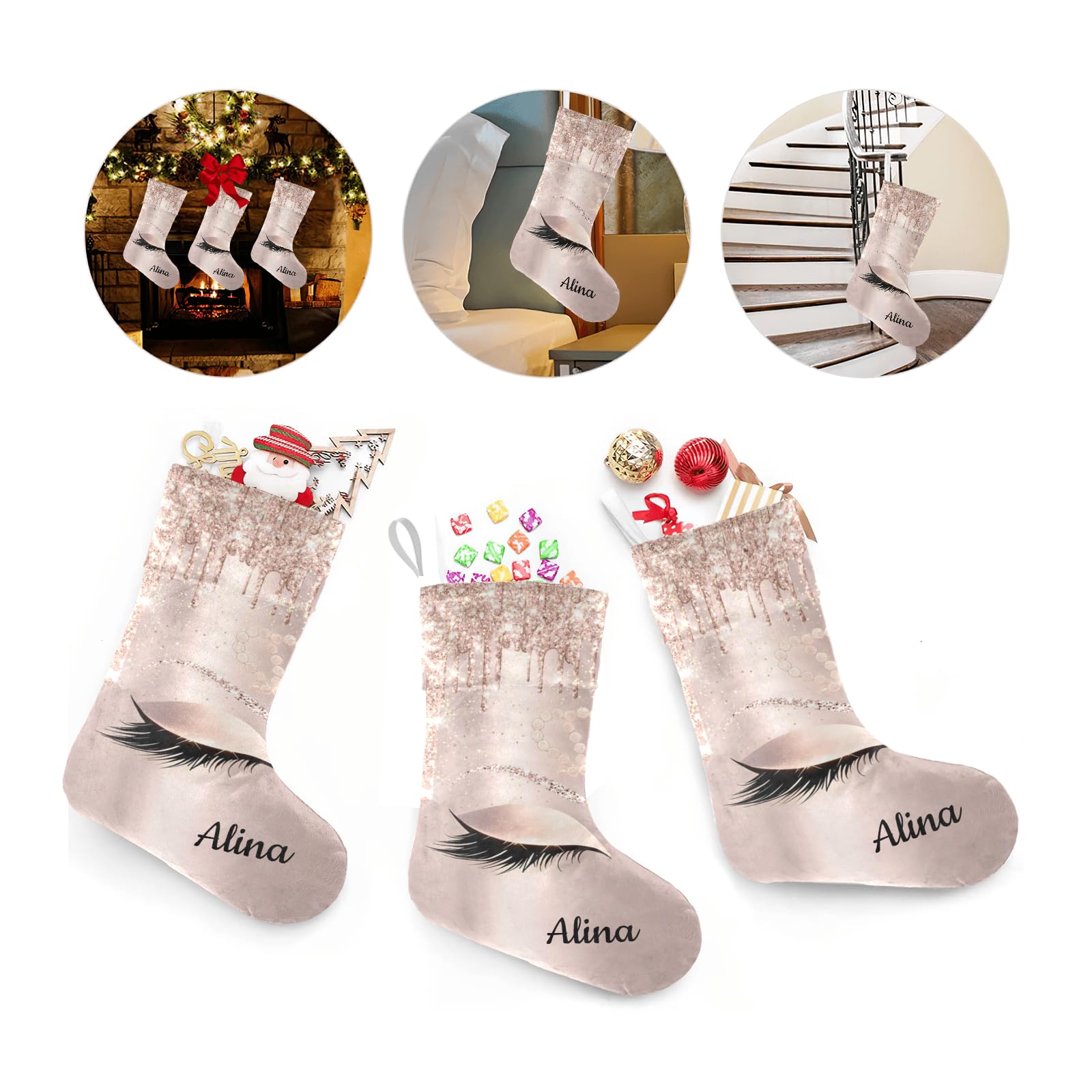Personalized Rose Gold Christmas Stockings with Name - 17.52 x 7.87 Inch Holiday Decor for Family, Xmas Gift for Her, Perfect for Fireplace Mantel & Christmas Tree Decoration