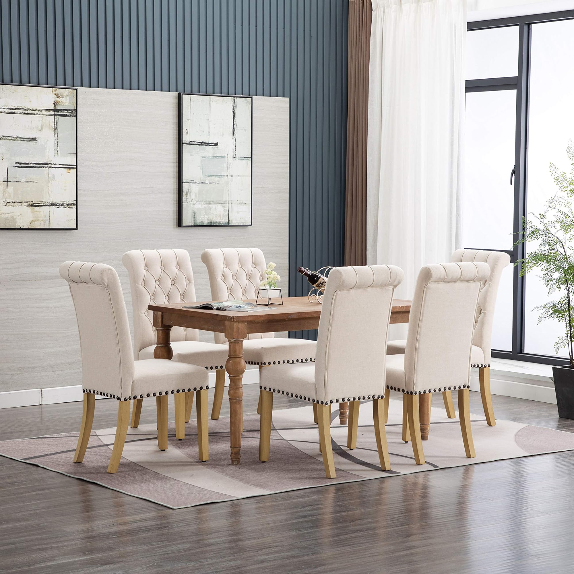 Modern Linen Fabric Dining Chairs Set of 2 - Elegant Parson Chairs with Nailhead Trim & Button Tufting, Solid Wood Legs for Dining Room & Living Room - Beige Home Decor for Elegant Entertaining & Cozy Family Gatherings