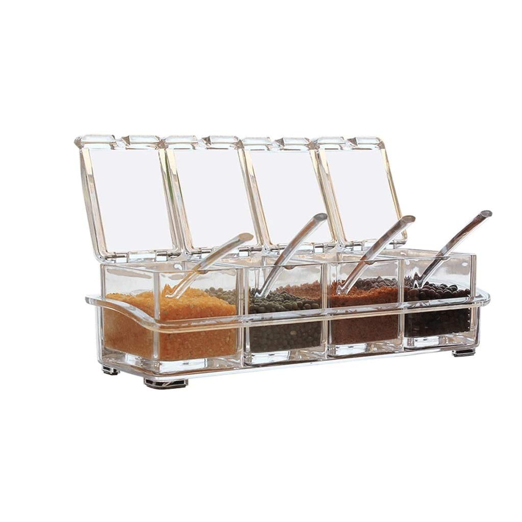 4-Piece Clear Acrylic Seasoning Rack with Spice Pots & Lids - Kitchen Storage Containers for Spices, Condiments & Herbs - Perfect for Countertop Organization & Cooking