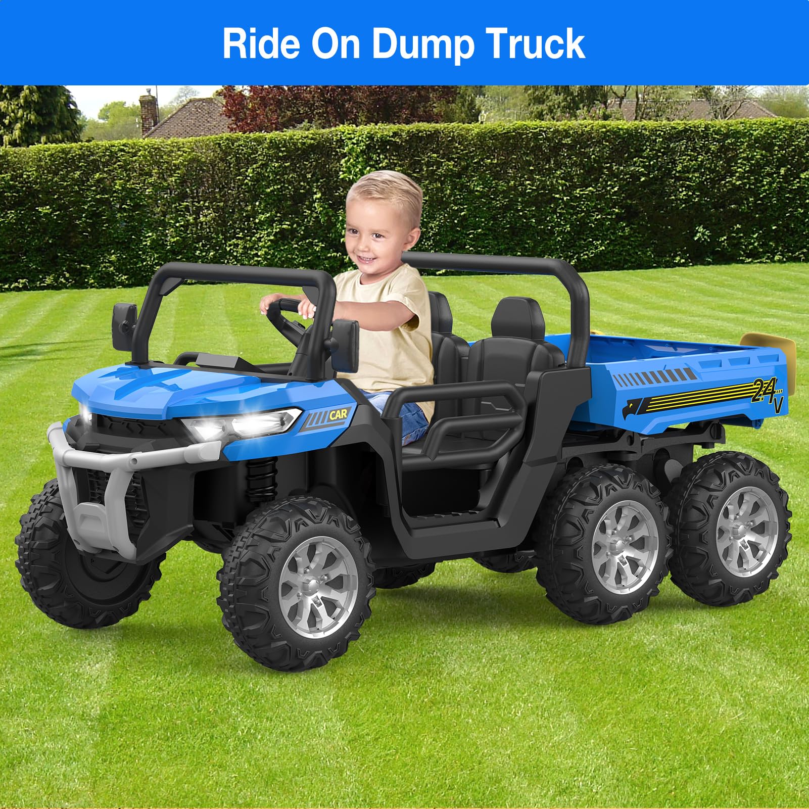 Hetoy 24V 2 Seater Electric Ride On Dump Truck with Remote Control - 4WD Power UTV Car with Dump Bed & 6 Wheels - Kids Ride On Toys for Boys & Girls - Perfect for Outdoor Play, Construction Pretend Play & Backyard Adventures