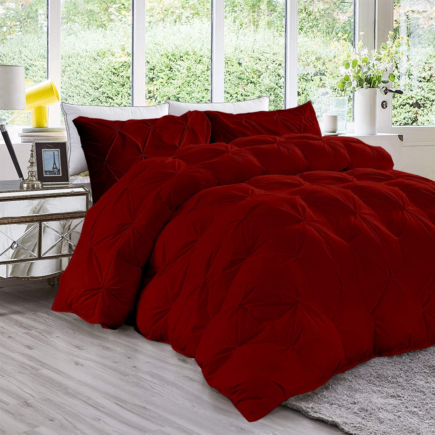 Pinch Pleated 100% Cotton Comforter - Lightweight All Season Down Alternative Bedding | Soft Quilted Cooling Comforter for Warm Weather & Hot Sleepers | King/California King Size in Burgundy | Perfect for Summer Nights & Temperature Regulation