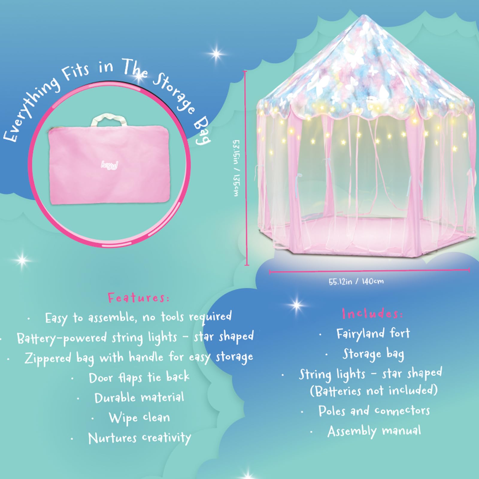 Heyu! Fairyland Fort Playhouse Play Tent with Star Lights - Indoor & Outdoor Kids Play Tent, Butterfly Princess Castle Toy for Girls & Boys - Perfect for Birthday Gifts, Pretend Play, Bedroom Decor & Backyard Fun