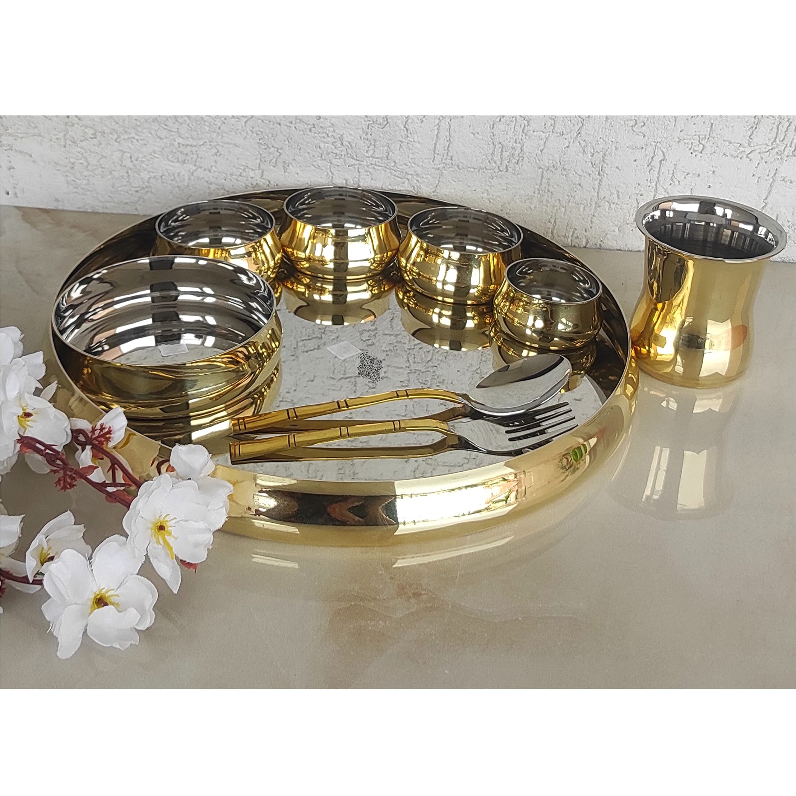 Indian Art Villa Stainless Steel & Brass 9-Piece Dinner Set - Includes 1 Plate, 1 Pudding Plate, 1 Small Bowl, 3 Medium Bowls, 1 Spoon, 1 Fork & 1 Tumbler - Elegant Tableware for Indian Cuisine, Dinner Parties & Home Decor