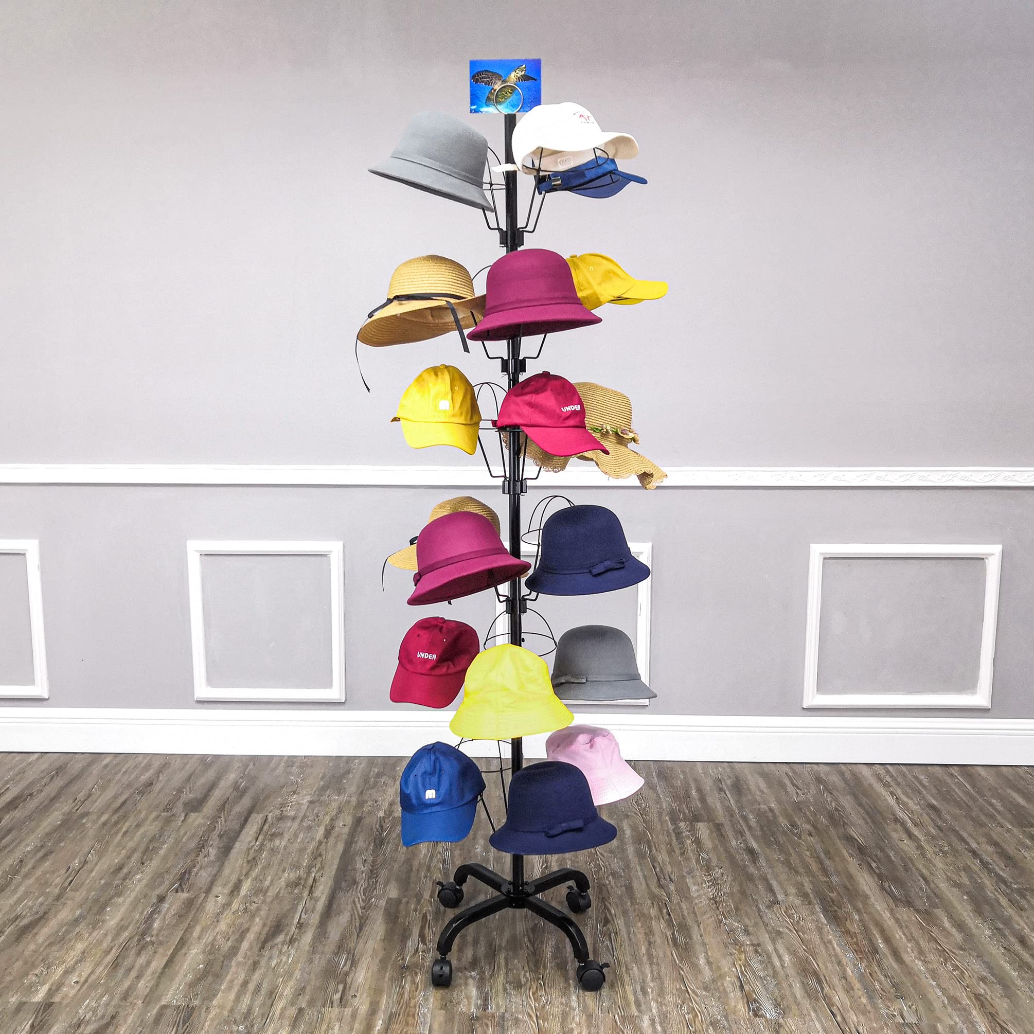 FixtureDisplays® 6-Tier 24-Hat Rotating Display Rack - Free Standing Metal Hat Organizer for Caps, Wigs & Headwear (20