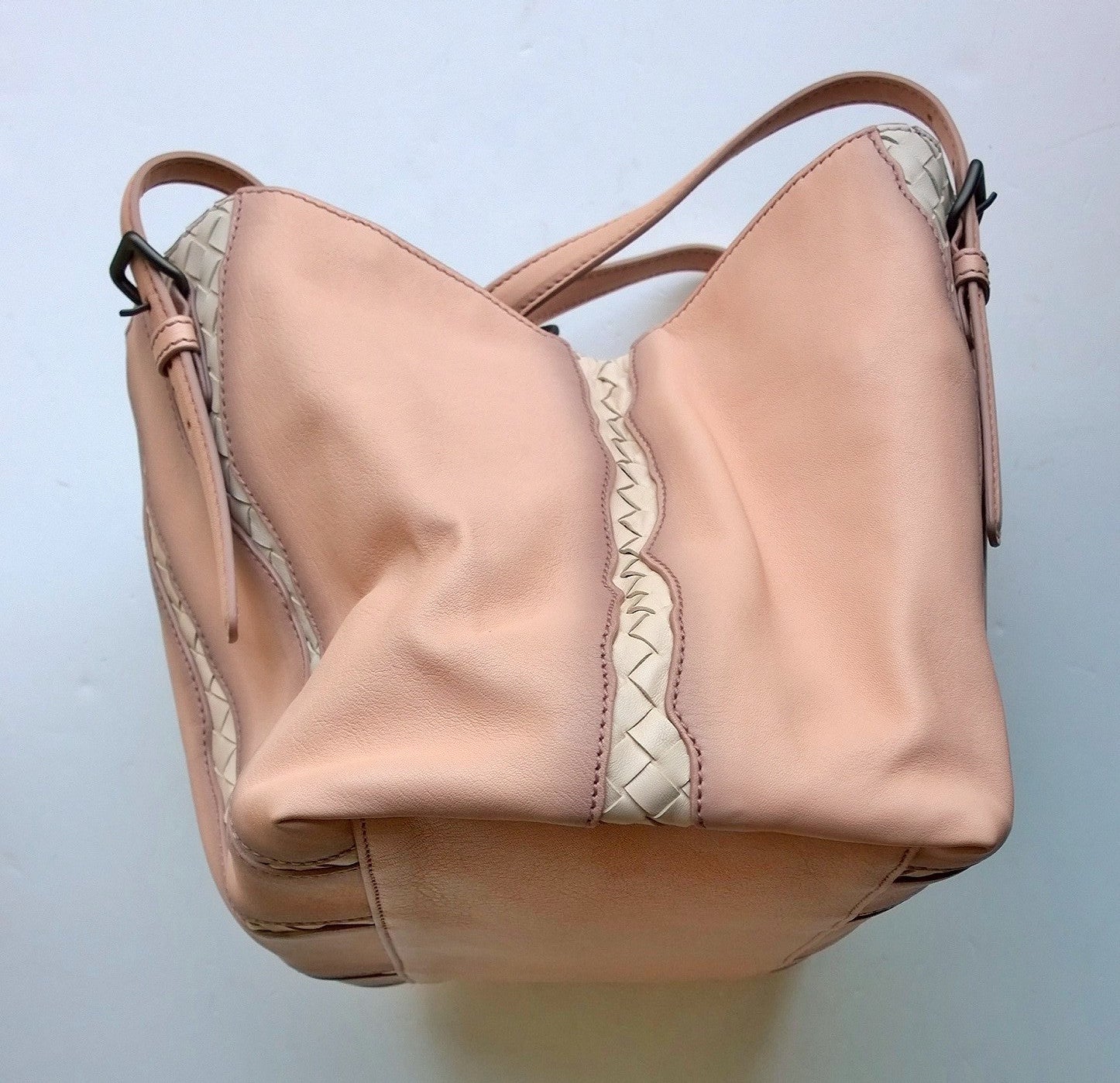 Bottega Veneta Blush Pink Monalisa Woven Leather Glimmer Tote Bag for Women - Luxury Designer Handbag for Work, Travel & Evening Events